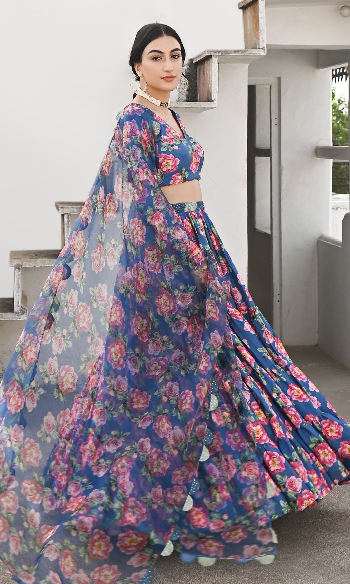 Falak Vol. 2 Prussian Blue Chooridar Sleeves Floral Blouse with Lehenga and Dupatta - Set of 3