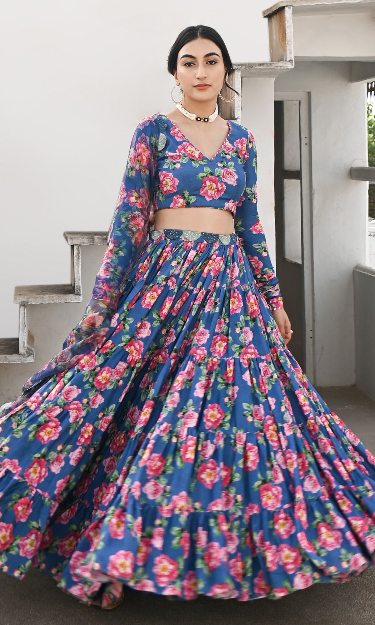 Falak Vol. 2 Prussian Blue Chooridar Sleeves Floral Blouse with Lehenga and Dupatta - Set of 3