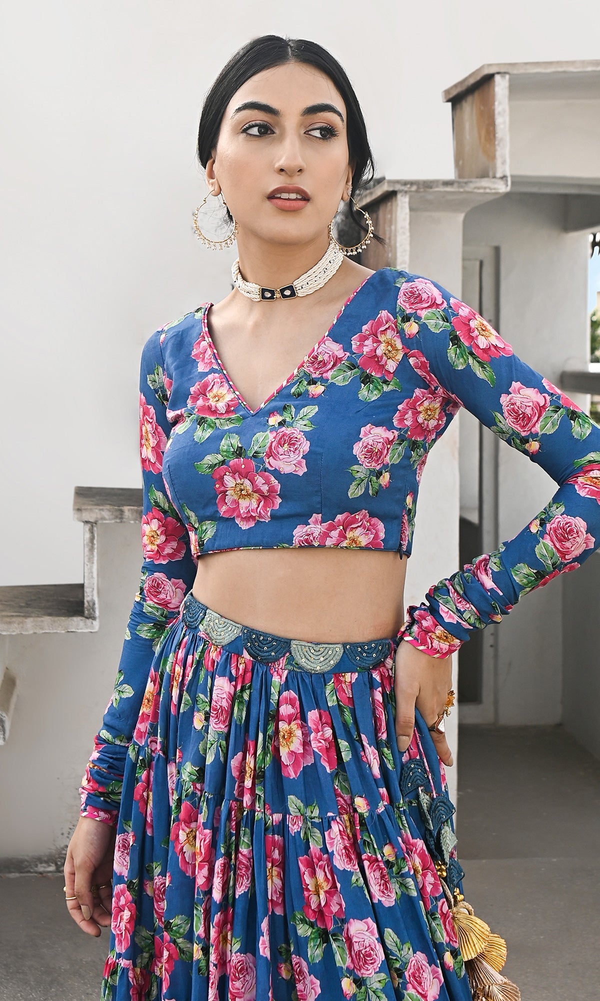 Falak Vol. 2 Prussian Blue Chooridar Sleeves Floral Blouse with Lehenga and Dupatta - Set of 3