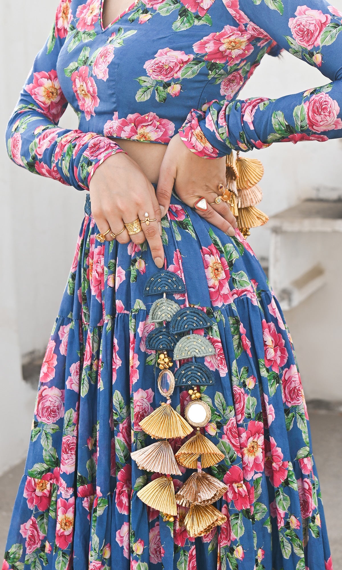 Falak Vol. 2 Prussian Blue Chooridar Sleeves Floral Blouse with Lehenga and Dupatta - Set of 3