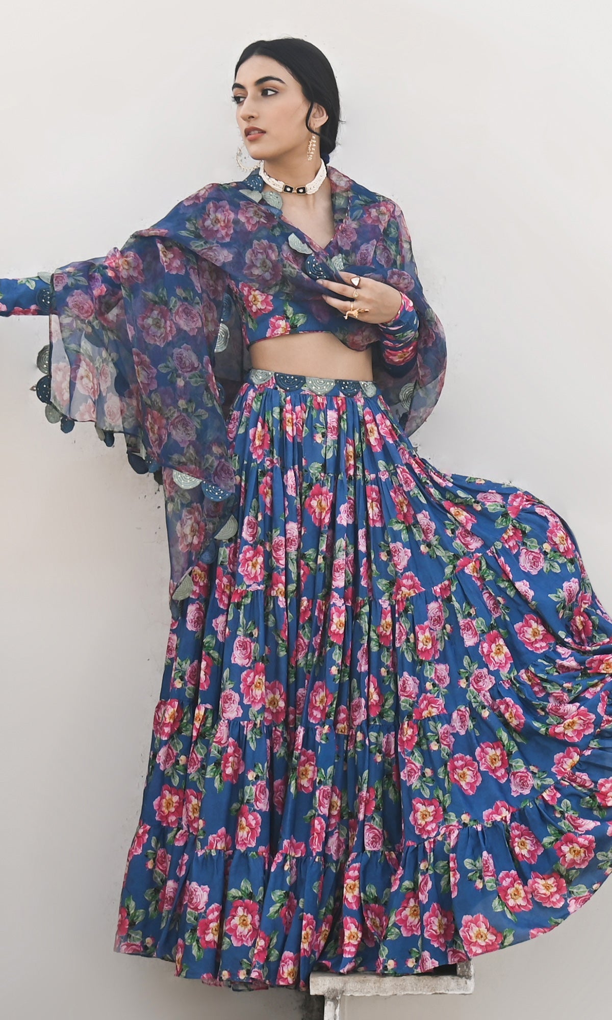 Falak Vol. 2 Prussian Blue Chooridar Sleeves Floral Blouse with Lehenga and Dupatta - Set of 3