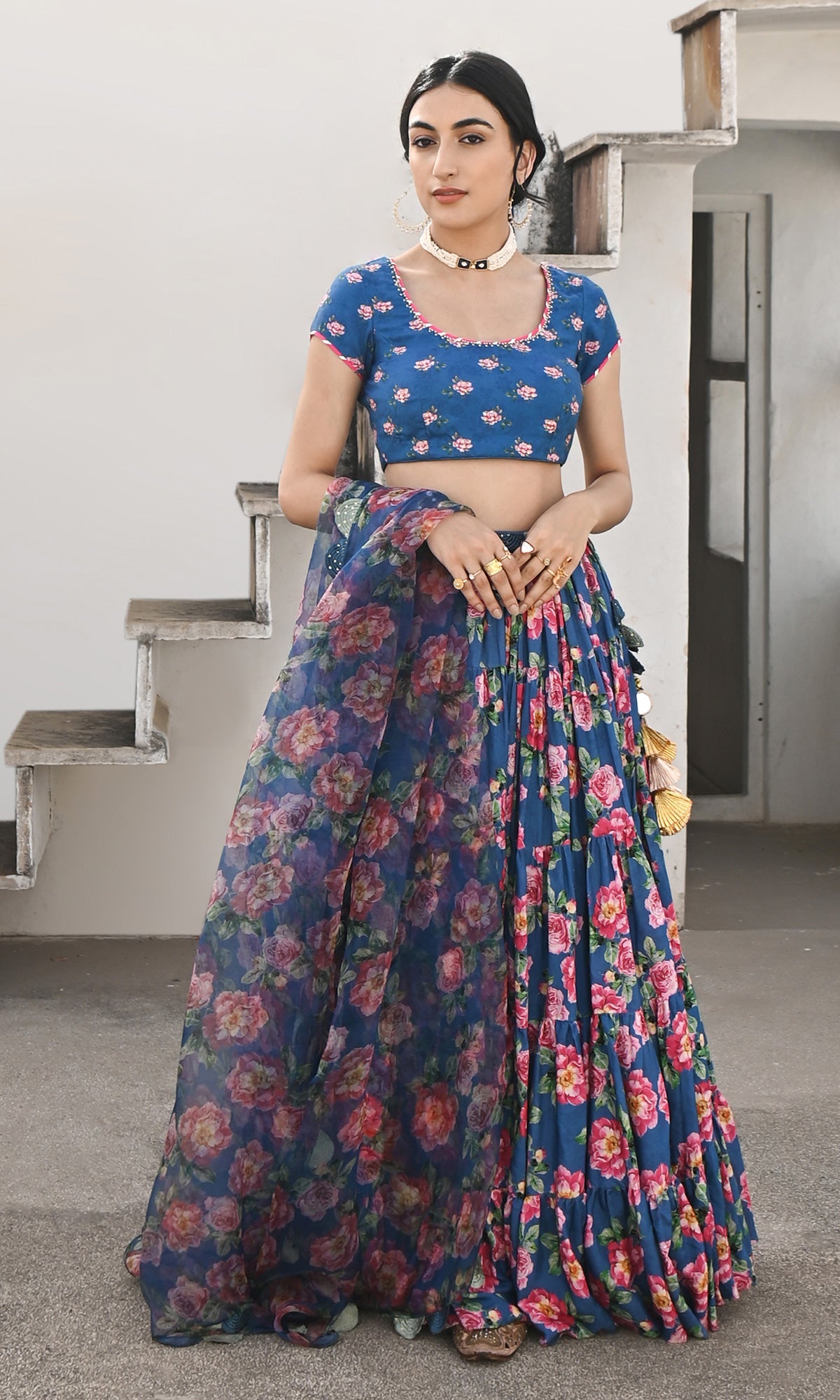 Falak Vol. 2 Prussian Blue Short Sleeve Blouse and Lehanga with Dupatta - Set of 3