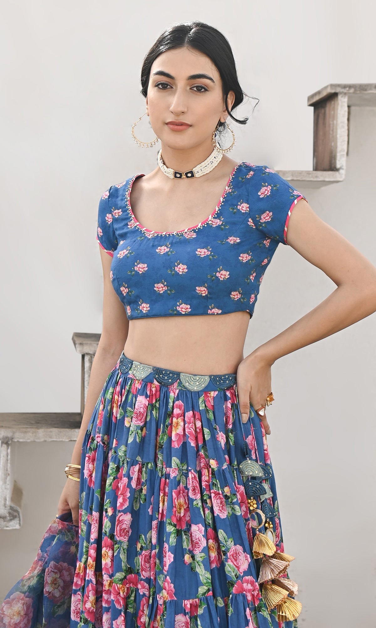 Falak Vol. 2 Prussian Blue Short Sleeve Blouse and Lehanga with Dupatta - Set of 3