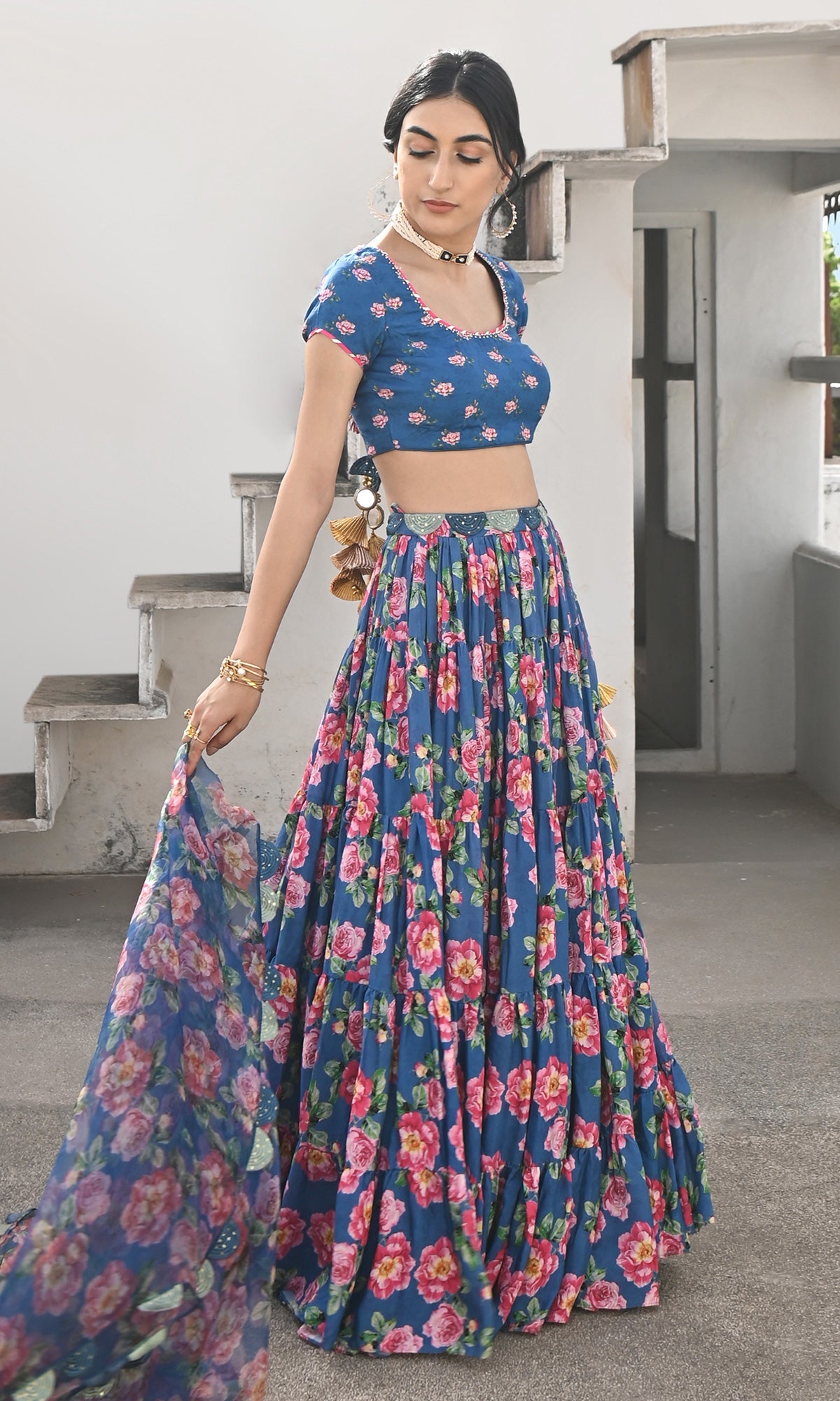 Falak Vol. 2 Prussian Blue Short Sleeve Blouse and Lehanga with Dupatta - Set of 3