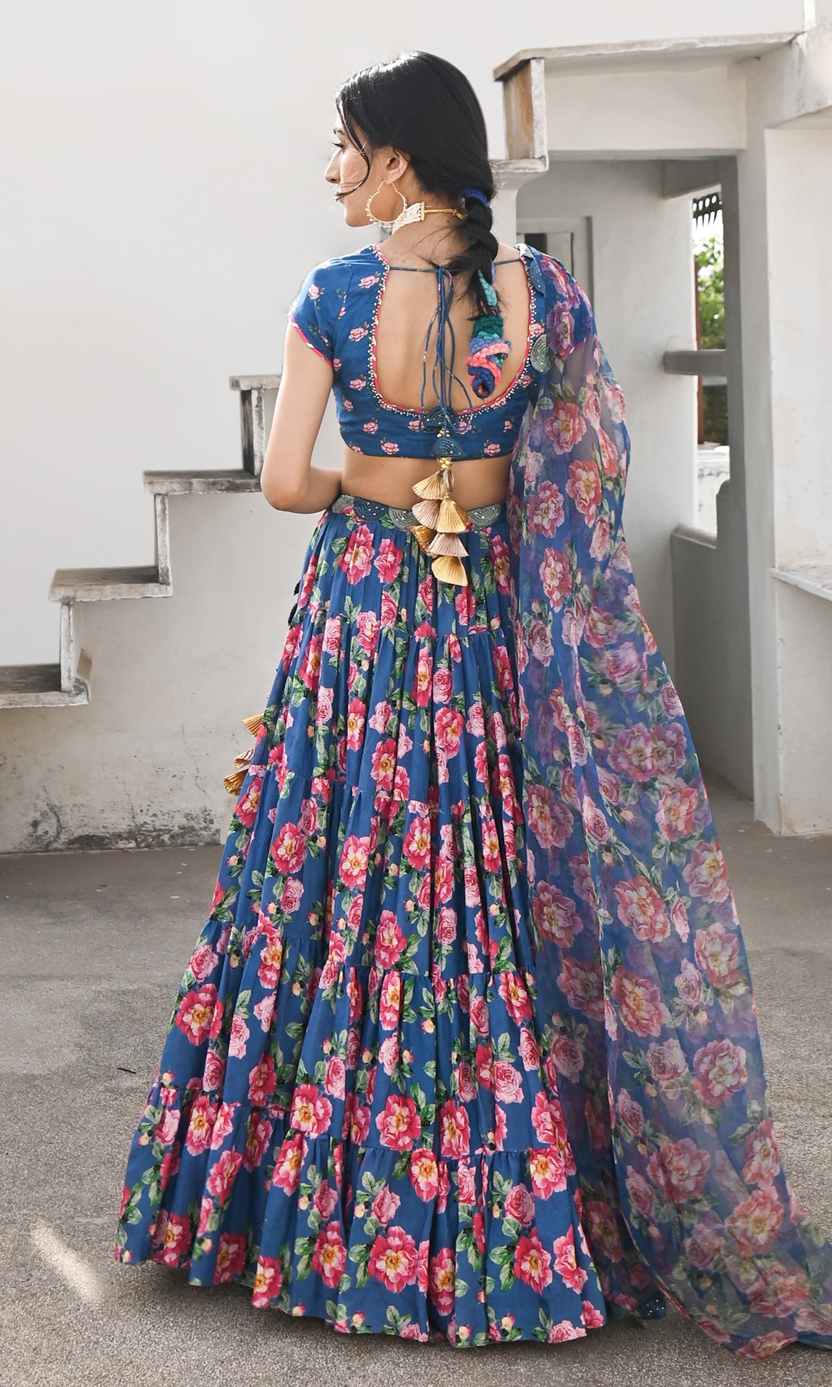 Falak Vol. 2 Prussian Blue Short Sleeve Blouse and Lehanga with Dupatta - Set of 3