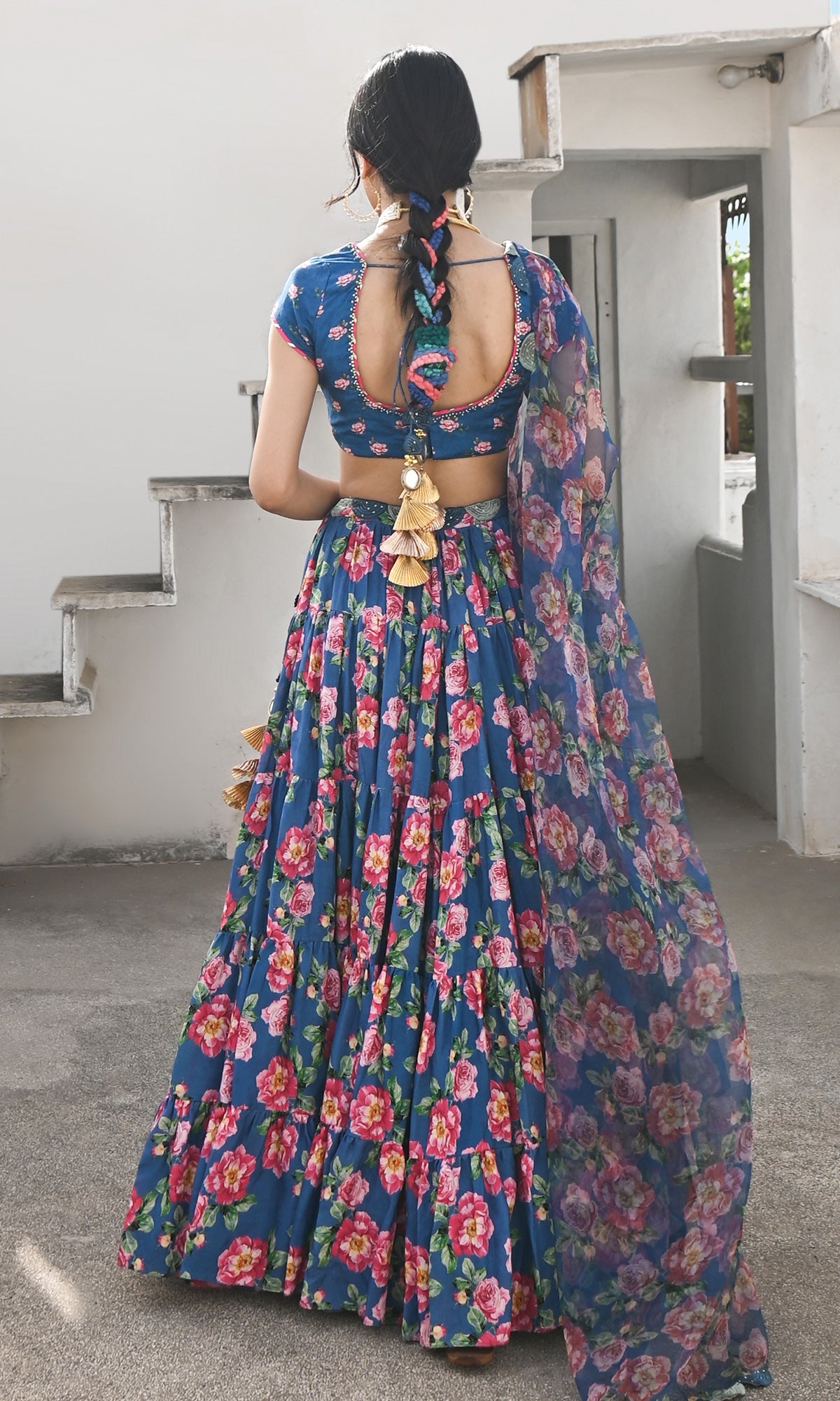 Falak Vol. 2 Prussian Blue Short Sleeve Blouse and Lehanga with Dupatta - Set of 3