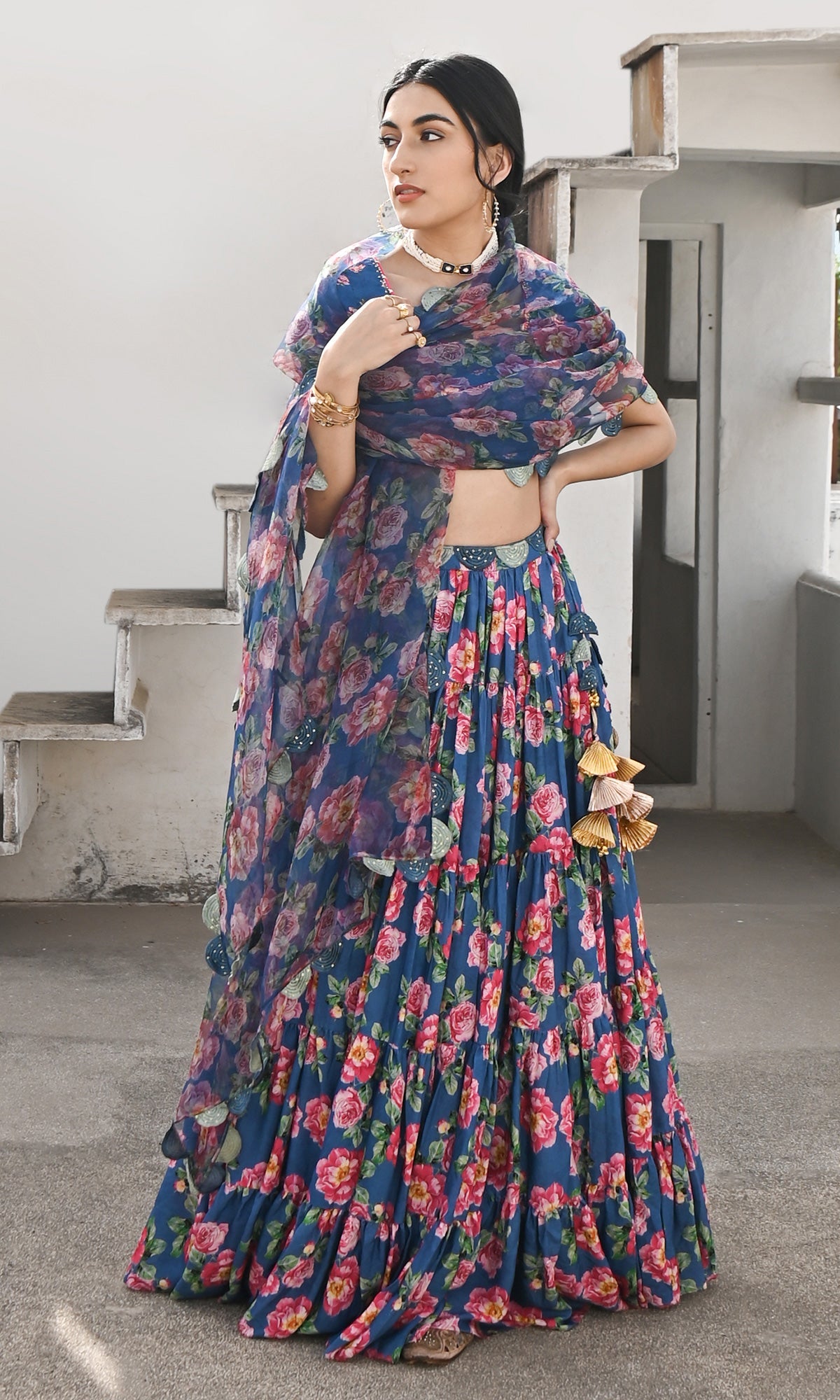 Falak Vol. 2 Prussian Blue Short Sleeve Blouse and Lehanga with Dupatta - Set of 3