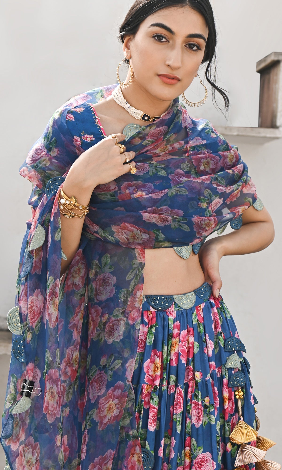 Falak Vol. 2 Prussian Blue Short Sleeve Blouse and Lehanga with Dupatta - Set of 3