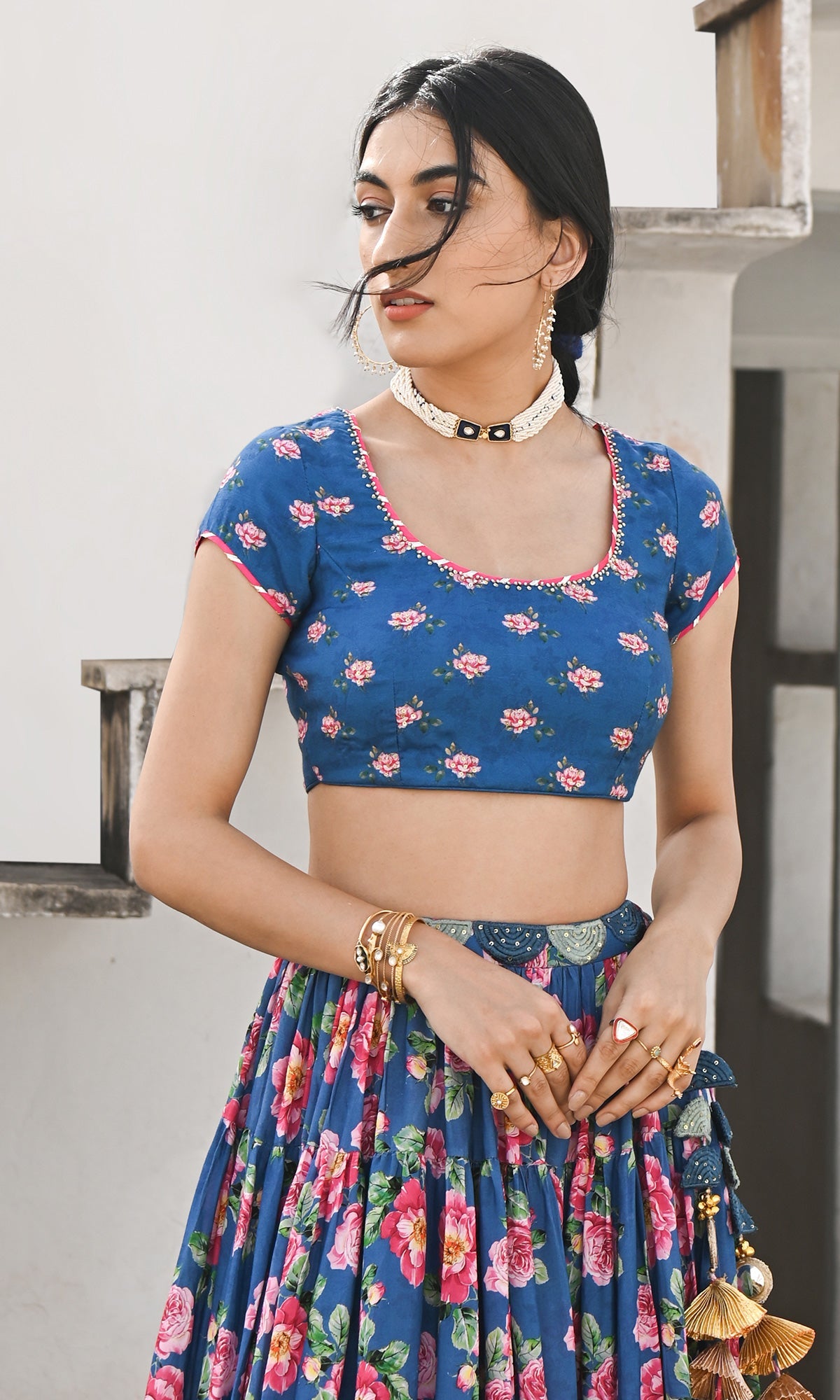 Falak Vol. 2 Prussian Blue Short Sleeve Blouse and Lehanga with Dupatta - Set of 3