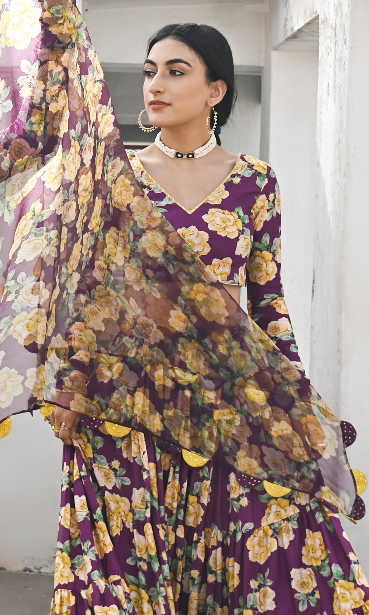 Falak Vol. 2 Purple Chooridar Sleeves Floral Blouse with Lehenga and Dupatta - Set of 3