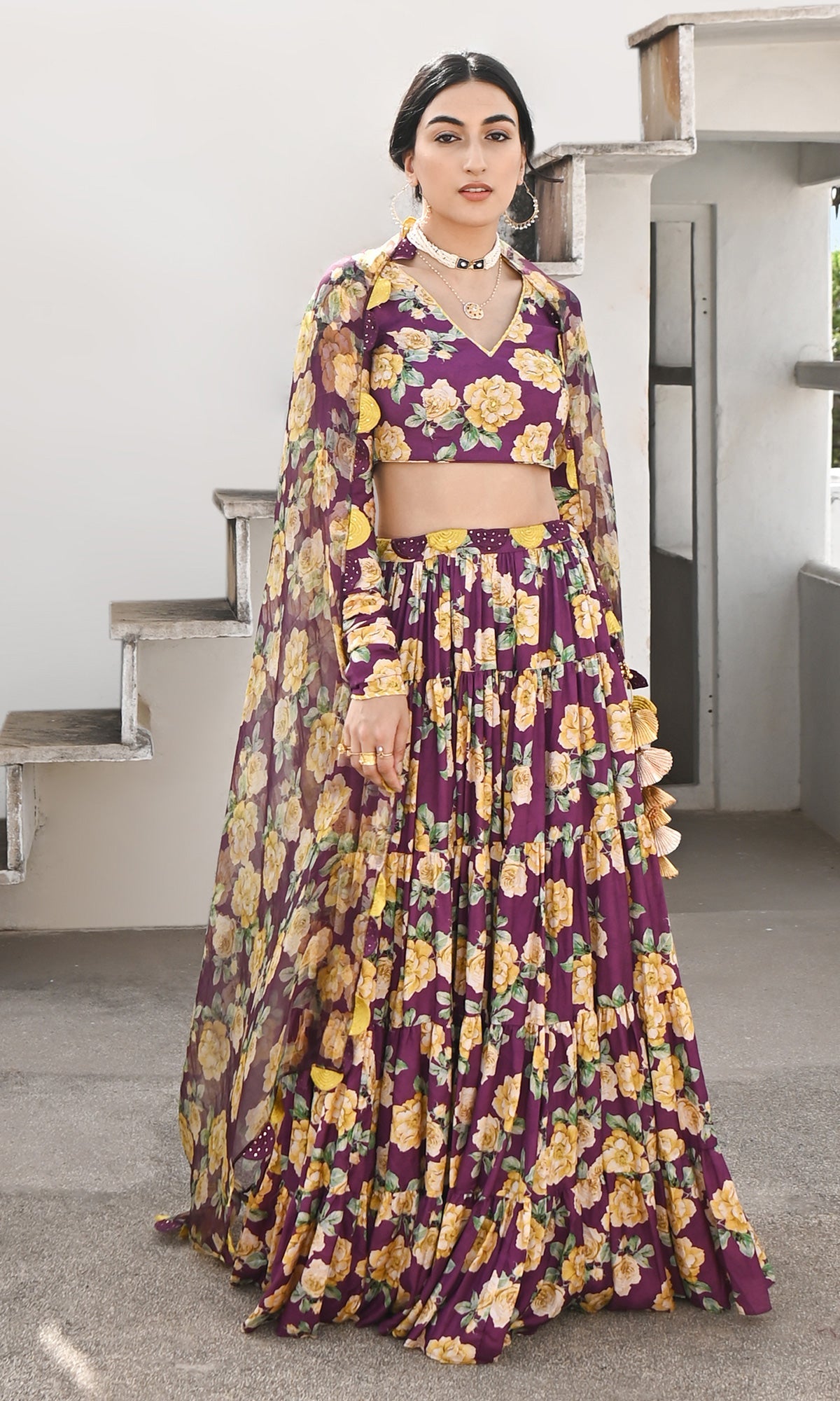 Falak Vol. 2 Purple Chooridar Sleeves Floral Blouse with Lehenga and Dupatta - Set of 3