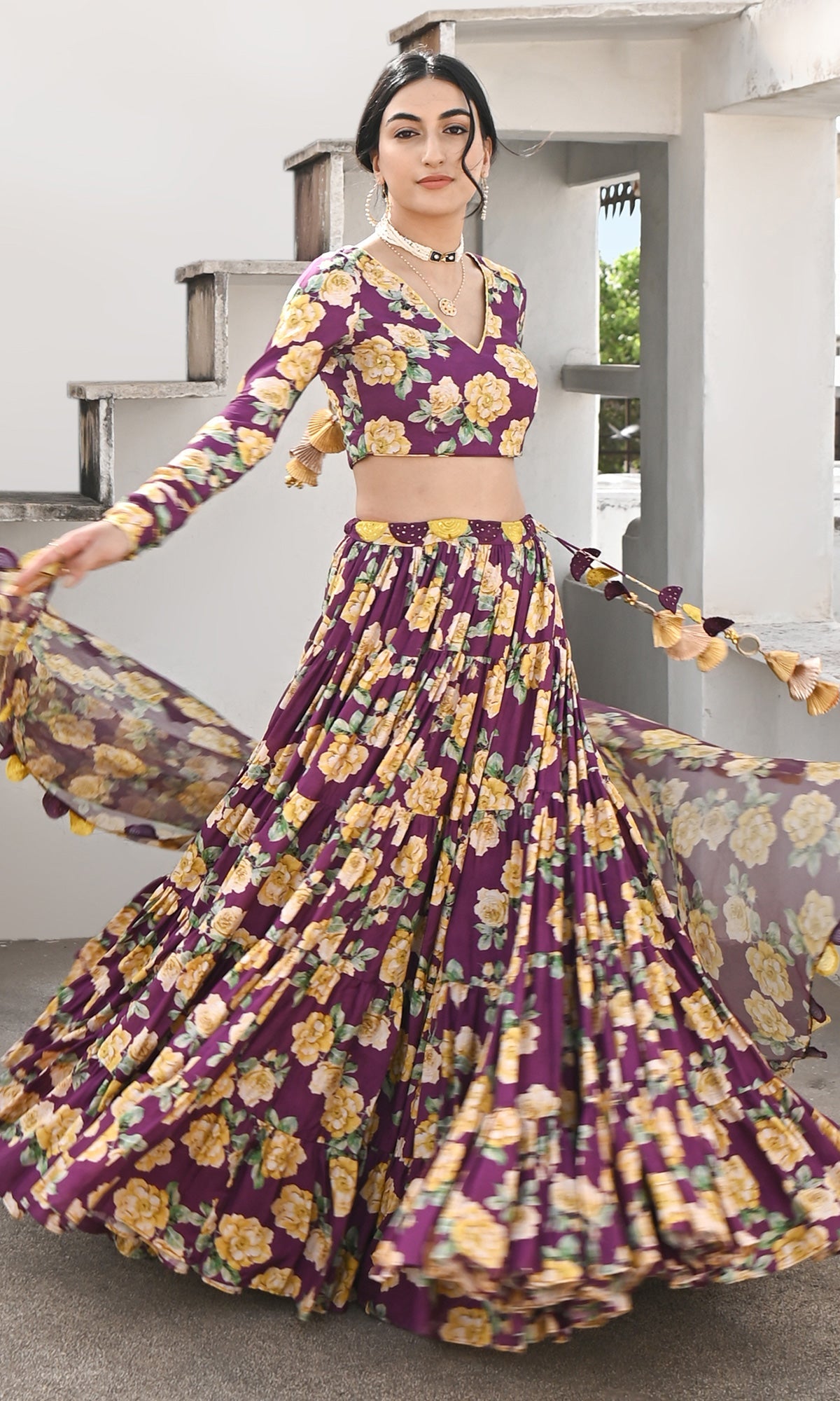 Falak Vol. 2 Purple Chooridar Sleeves Floral Blouse with Lehenga and Dupatta - Set of 3
