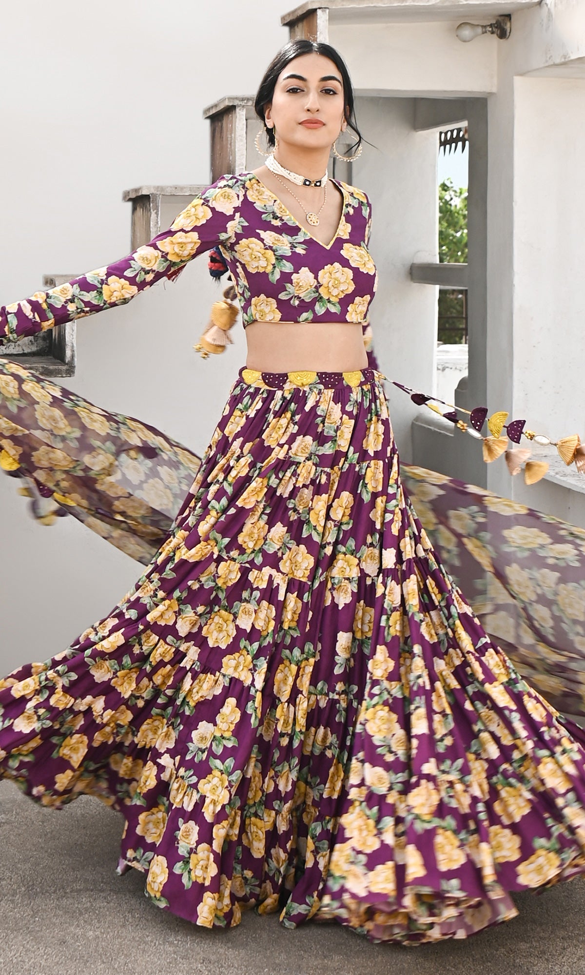 Falak Vol. 2 Purple Chooridar Sleeves Floral Blouse with Lehenga and Dupatta - Set of 3