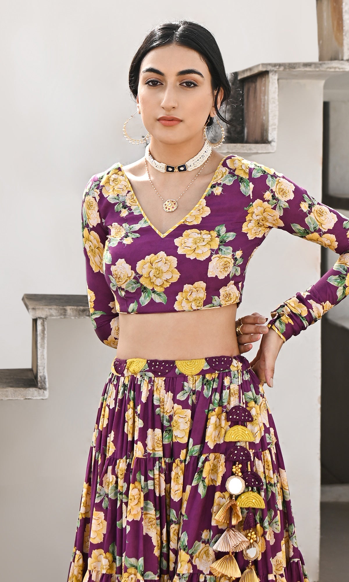 Falak Vol. 2 Purple Chooridar Sleeves Floral Blouse with Lehenga and Dupatta - Set of 3