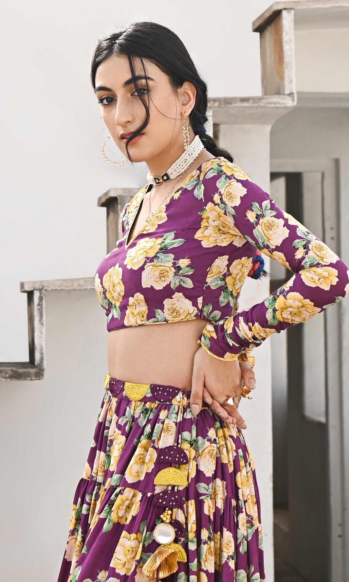 Falak Vol. 2 Purple Chooridar Sleeves Floral Blouse with Lehenga and Dupatta - Set of 3