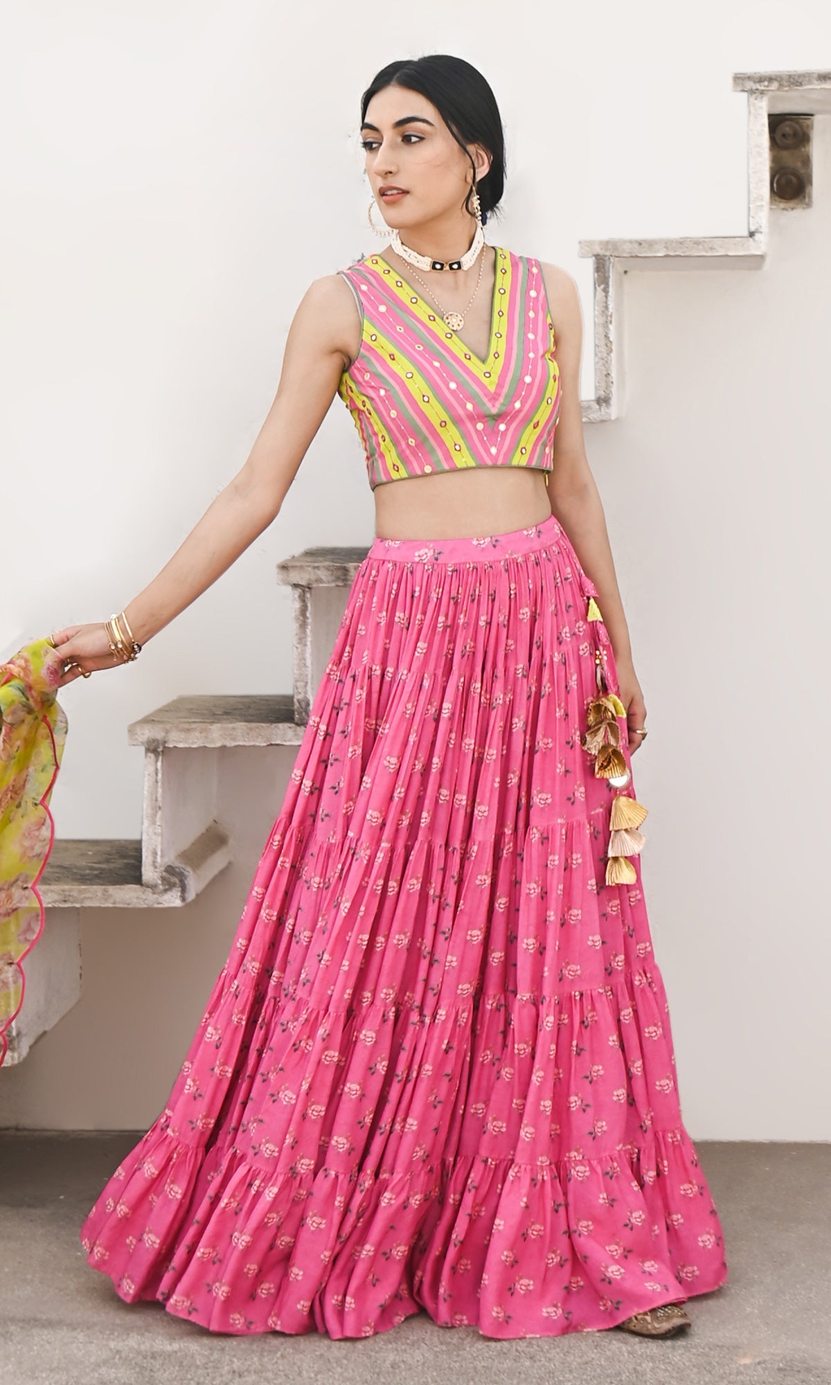 Falak Vol. 2 Neon Green Sleeveless Blouse with Tiered Lehenga and Dupatta - Set of 3