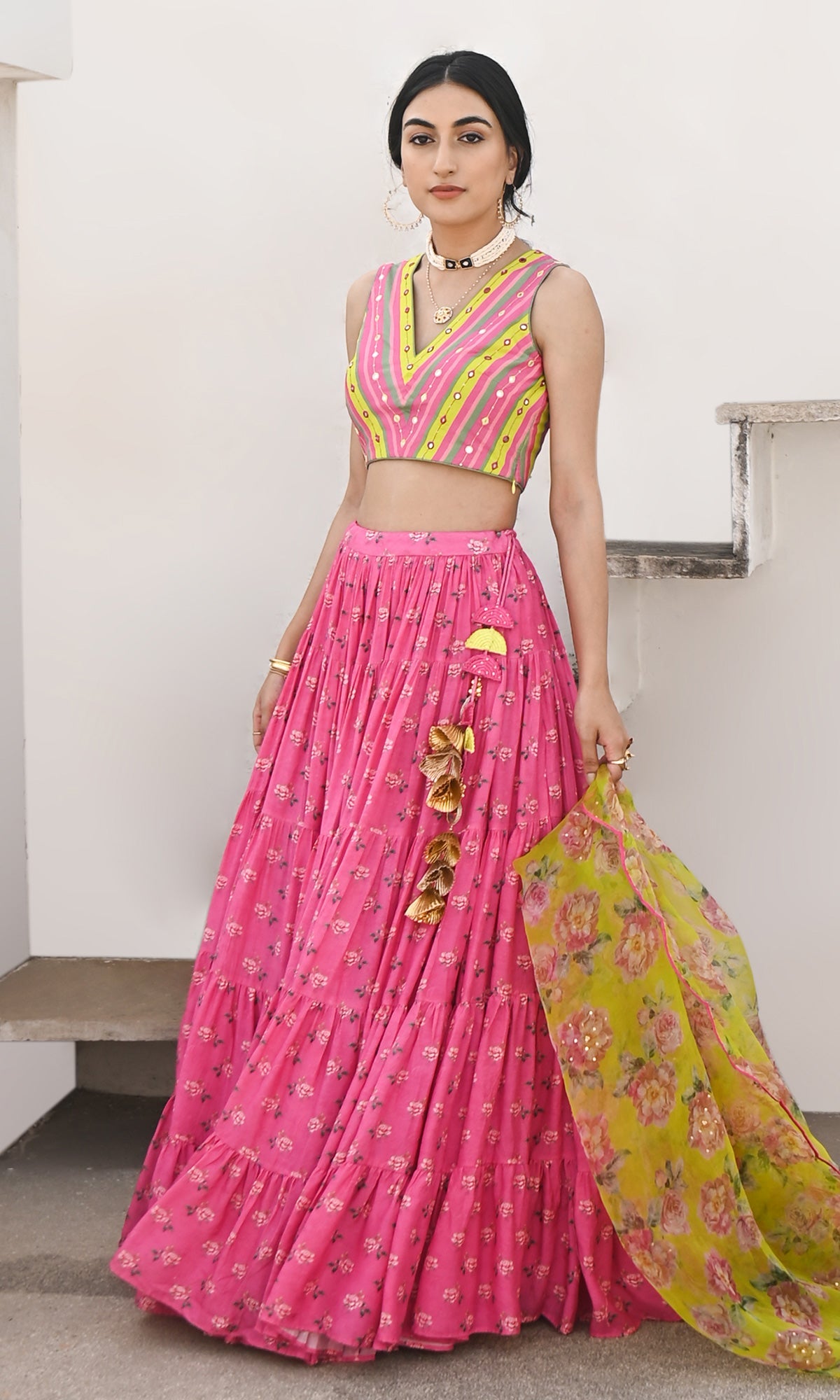Falak Vol. 2 Neon Green Sleeveless Blouse with Tiered Lehenga and Dupatta - Set of 3