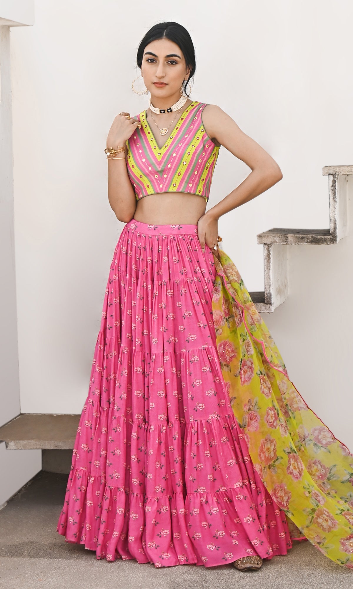 Falak Vol. 2 Neon Green Sleeveless Blouse with Tiered Lehenga and Dupatta - Set of 3