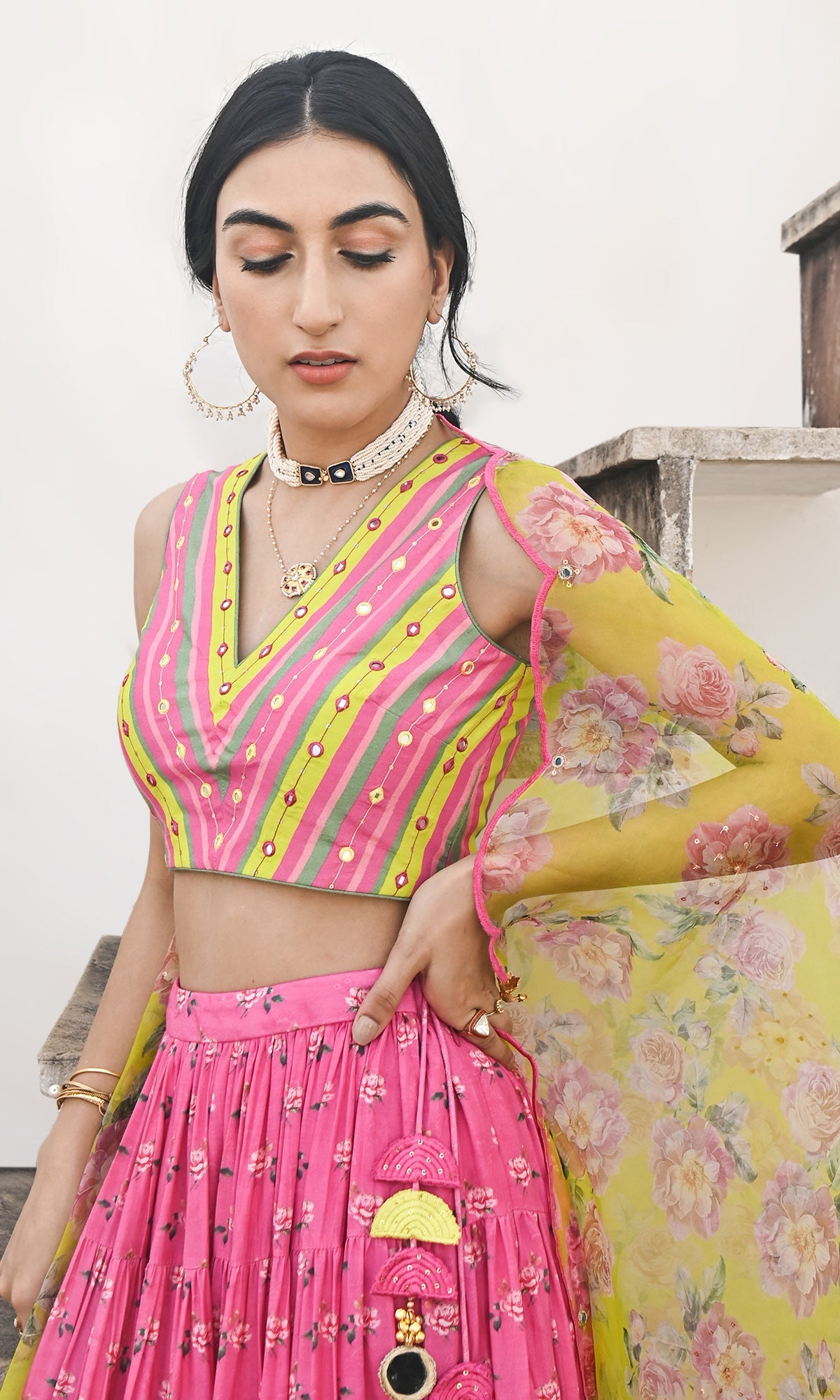 Falak Vol. 2 Neon Green Sleeveless Blouse with Tiered Lehenga and Dupatta - Set of 3