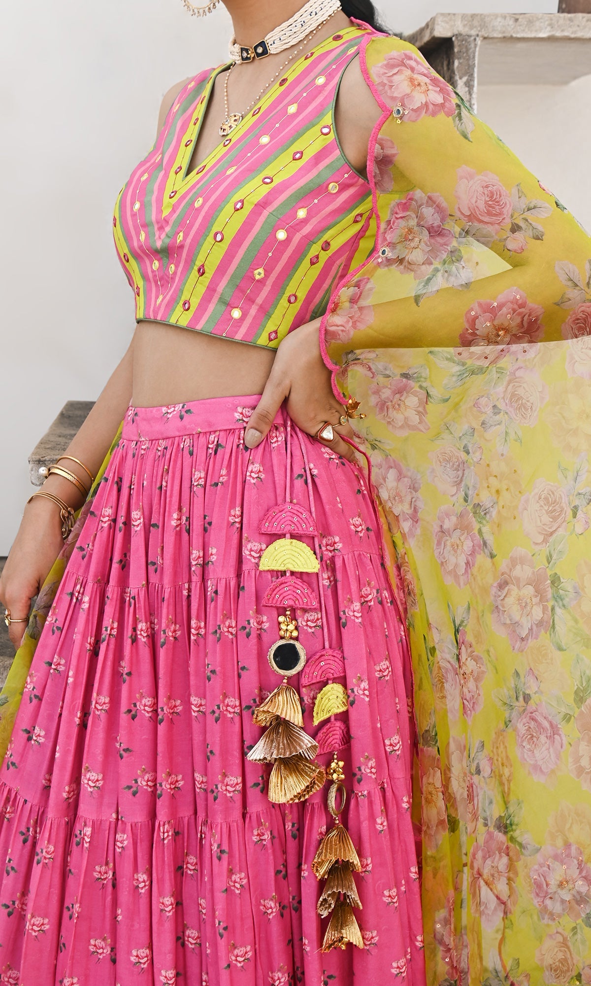 Falak Vol. 2 Neon Green Sleeveless Blouse with Tiered Lehenga and Dupatta - Set of 3