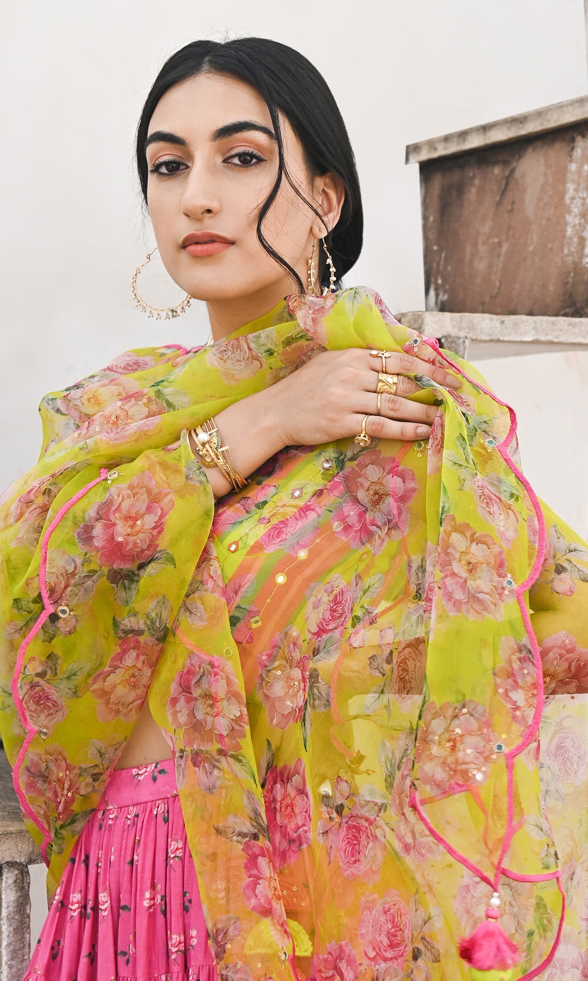 Falak Vol. 2 Neon Green Sleeveless Blouse with Tiered Lehenga and Dupatta - Set of 3