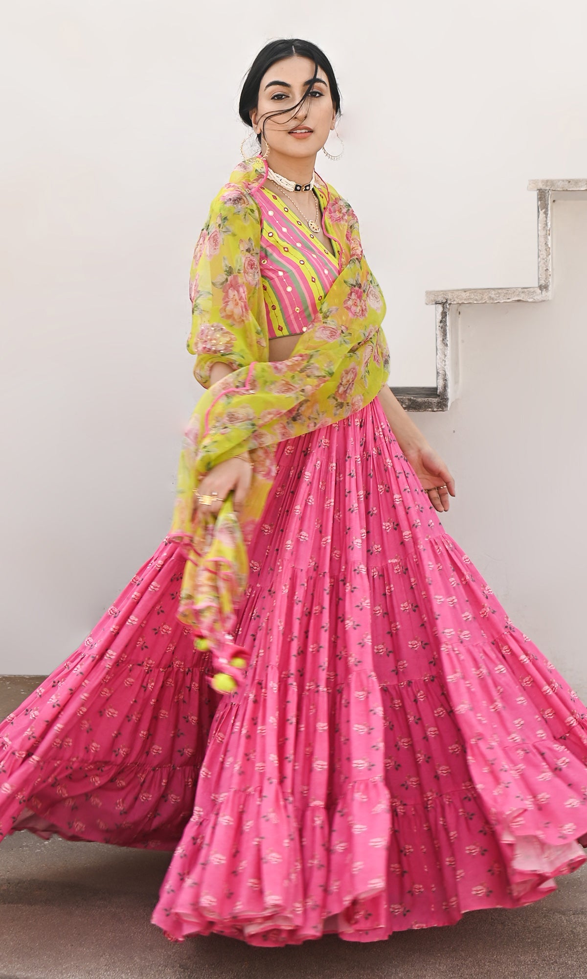 Falak Vol. 2 Neon Green Sleeveless Blouse with Tiered Lehenga and Dupatta - Set of 3