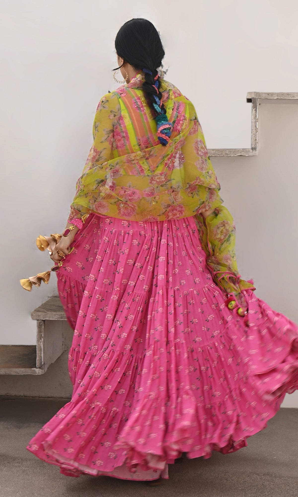 Falak Vol. 2 Neon Green Sleeveless Blouse with Tiered Lehenga and Dupatta - Set of 3