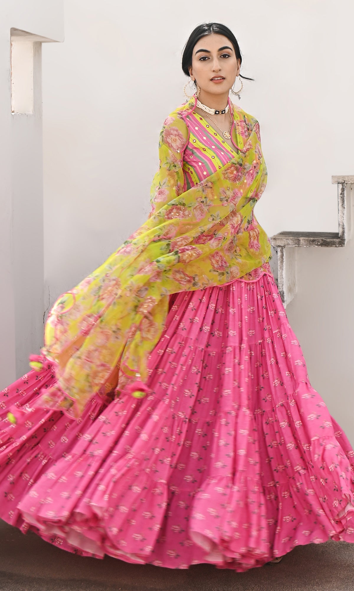 Falak Vol. 2 Neon Green Sleeveless Blouse with Tiered Lehenga and Dupatta - Set of 3