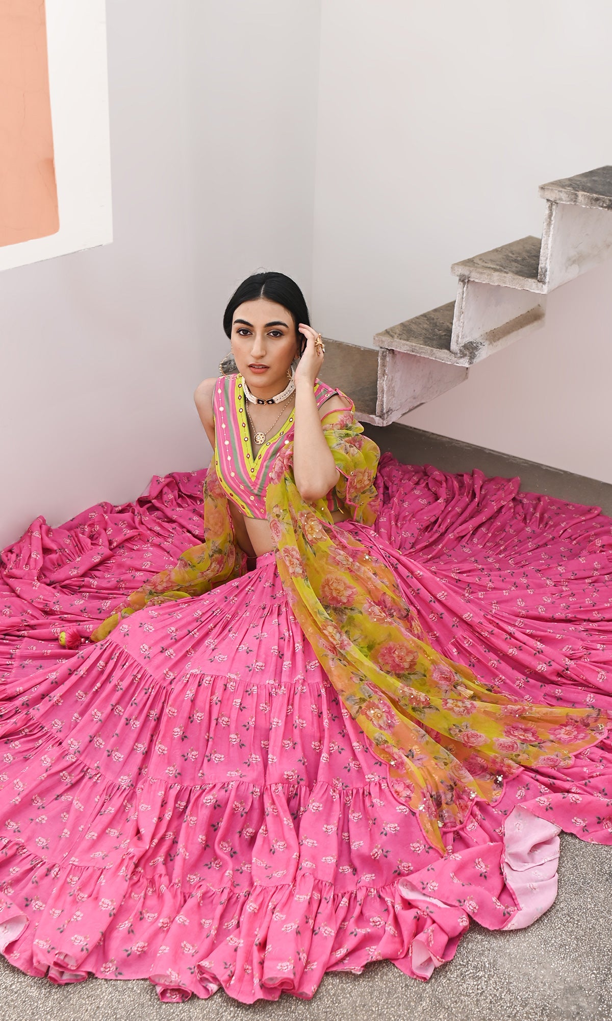 Falak Vol. 2 Neon Green Sleeveless Blouse with Tiered Lehenga and Dupatta - Set of 3