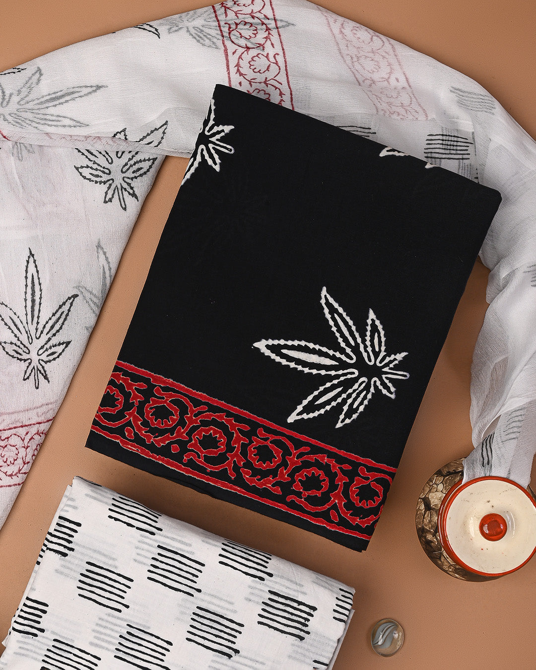 New White Sanganeri Printed Cotton Suit With Chiffon Dupatta CFCOTCH34
