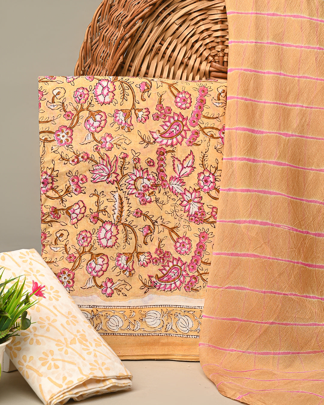 New Yellow Sanganeri Printed Cotton Suit With Chiffon Dupatta CFCOTCH09