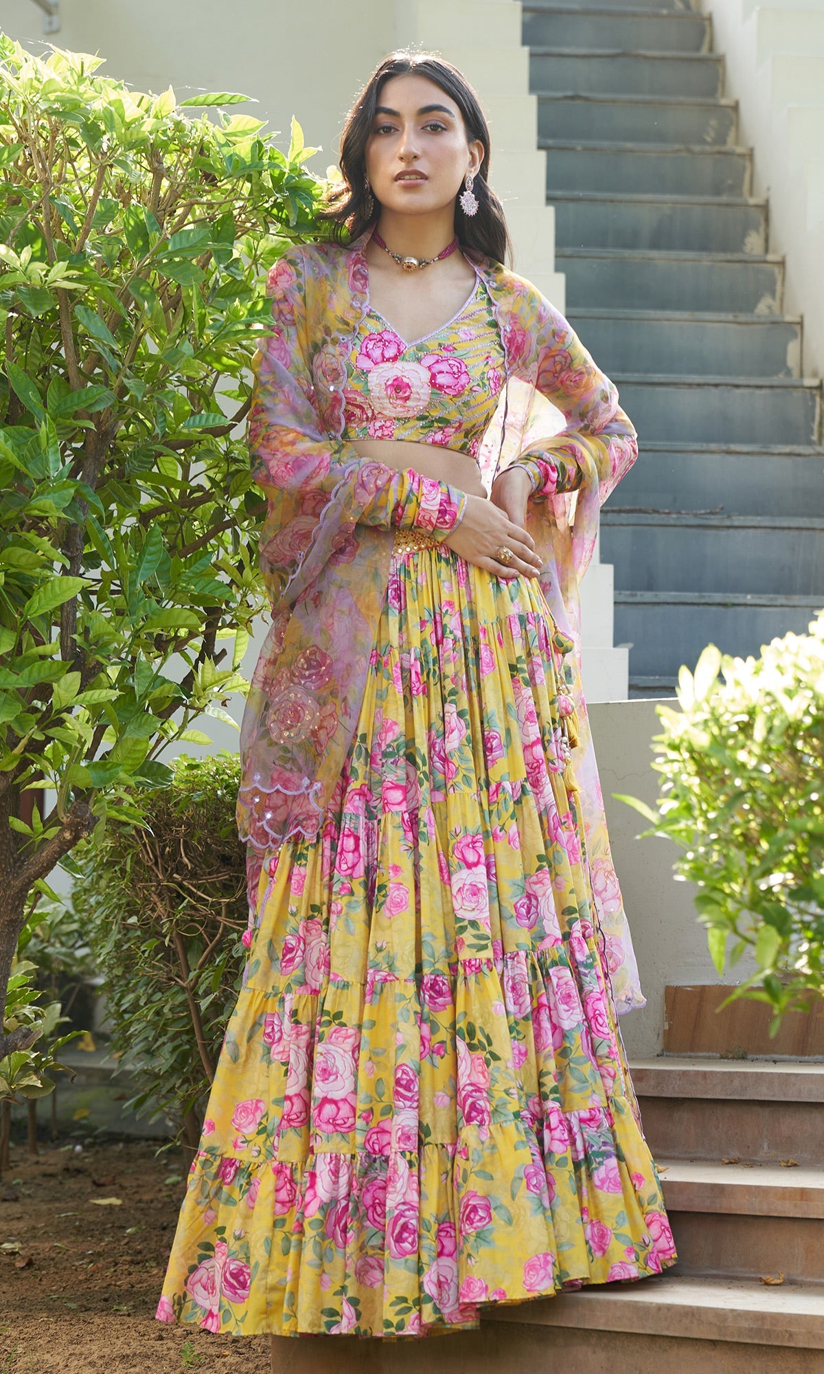 Farzeen - Yellow Floral-leheriya Embroidered Blouse with Lehenga and Dupatta