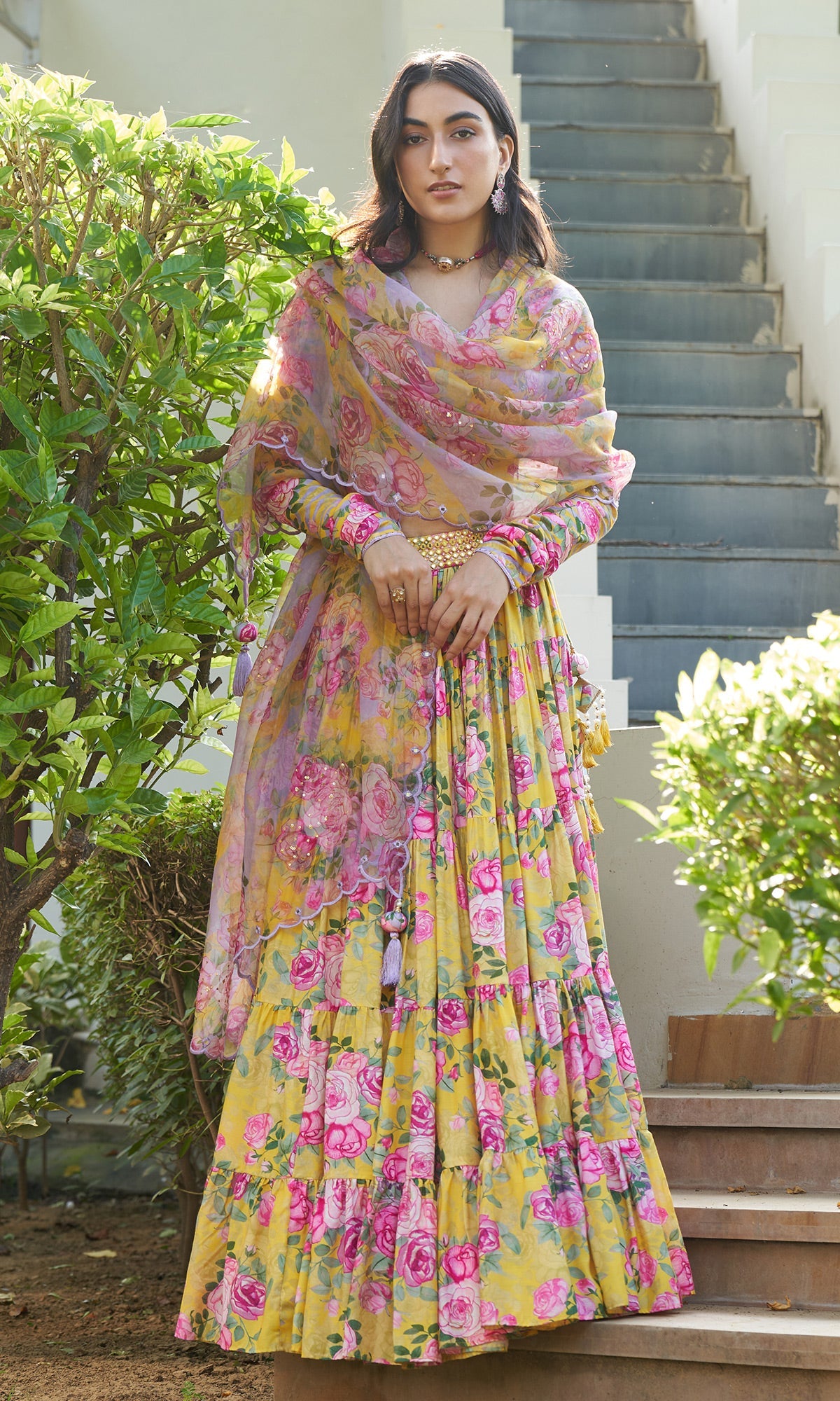Farzeen - Yellow Floral-leheriya Embroidered Blouse with Lehenga and Dupatta