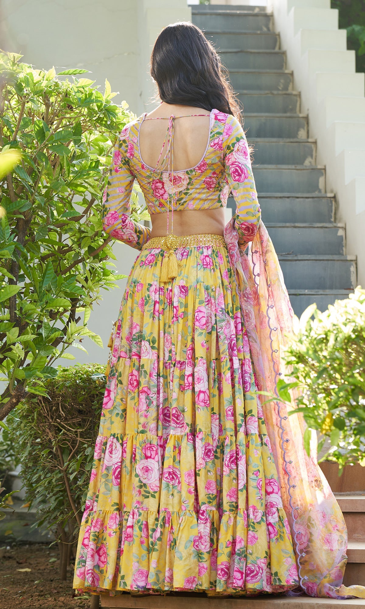 Farzeen - Yellow Floral-leheriya Embroidered Blouse with Lehenga and Dupatta