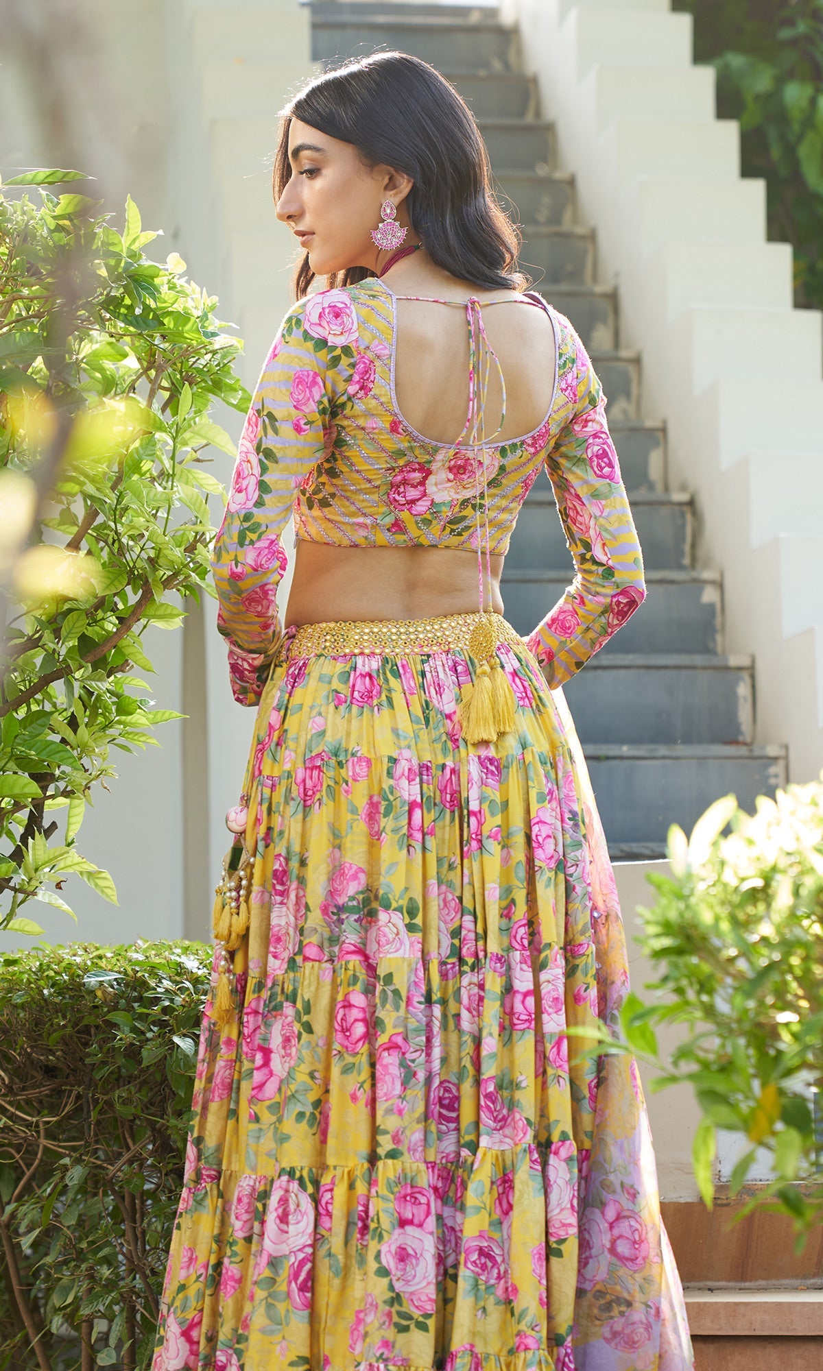 Farzeen - Yellow Floral-leheriya Embroidered Blouse with Lehenga and Dupatta