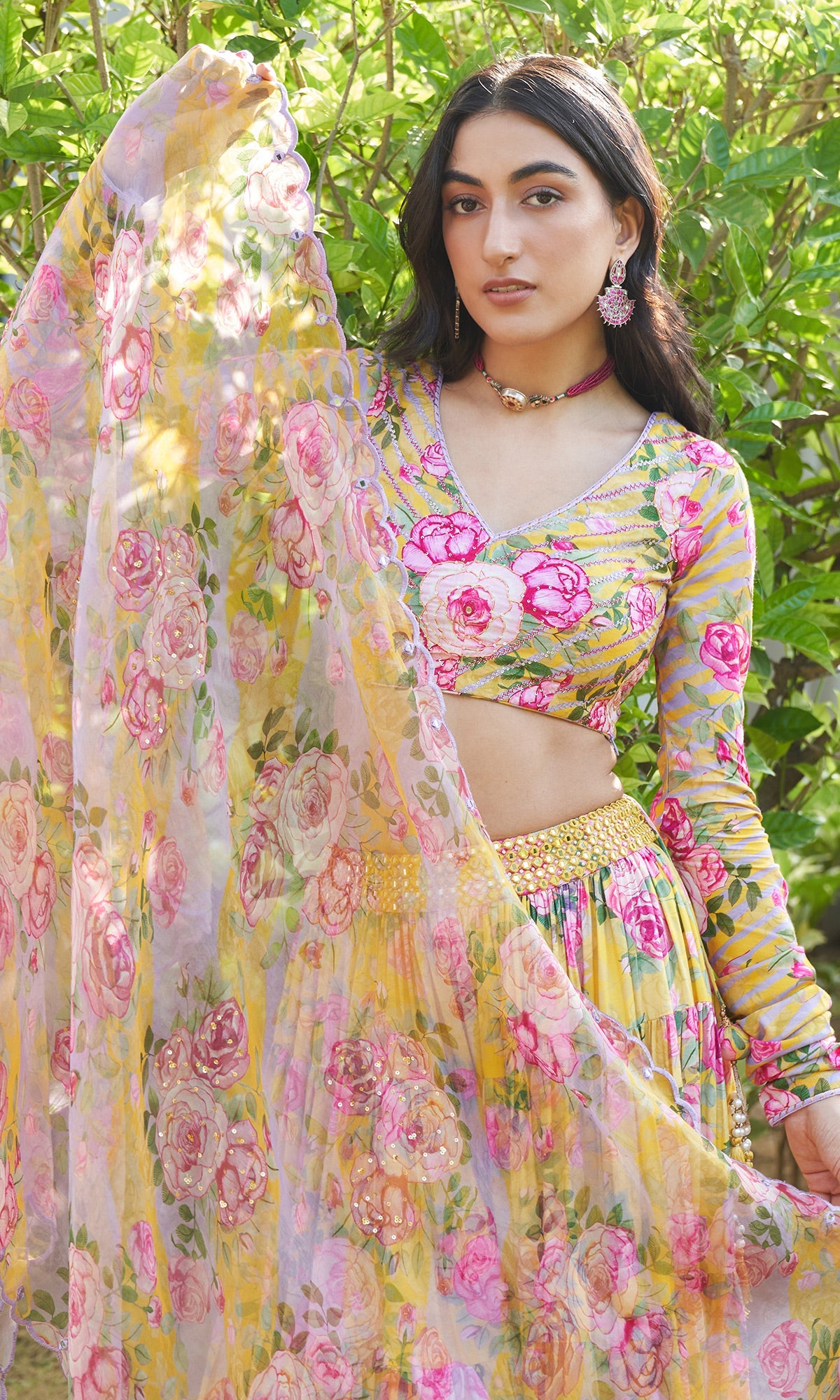 Farzeen - Yellow Floral-leheriya Embroidered Blouse with Lehenga and Dupatta