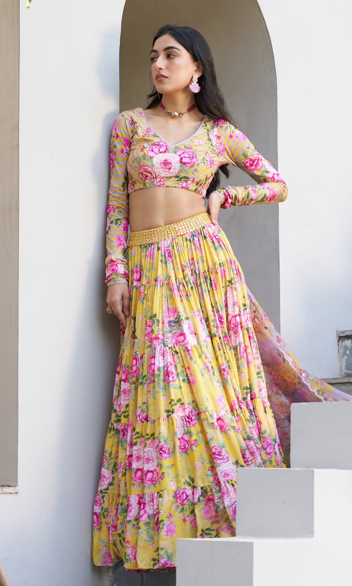 Farzeen - Yellow Floral-leheriya Embroidered Blouse with Lehenga and Dupatta