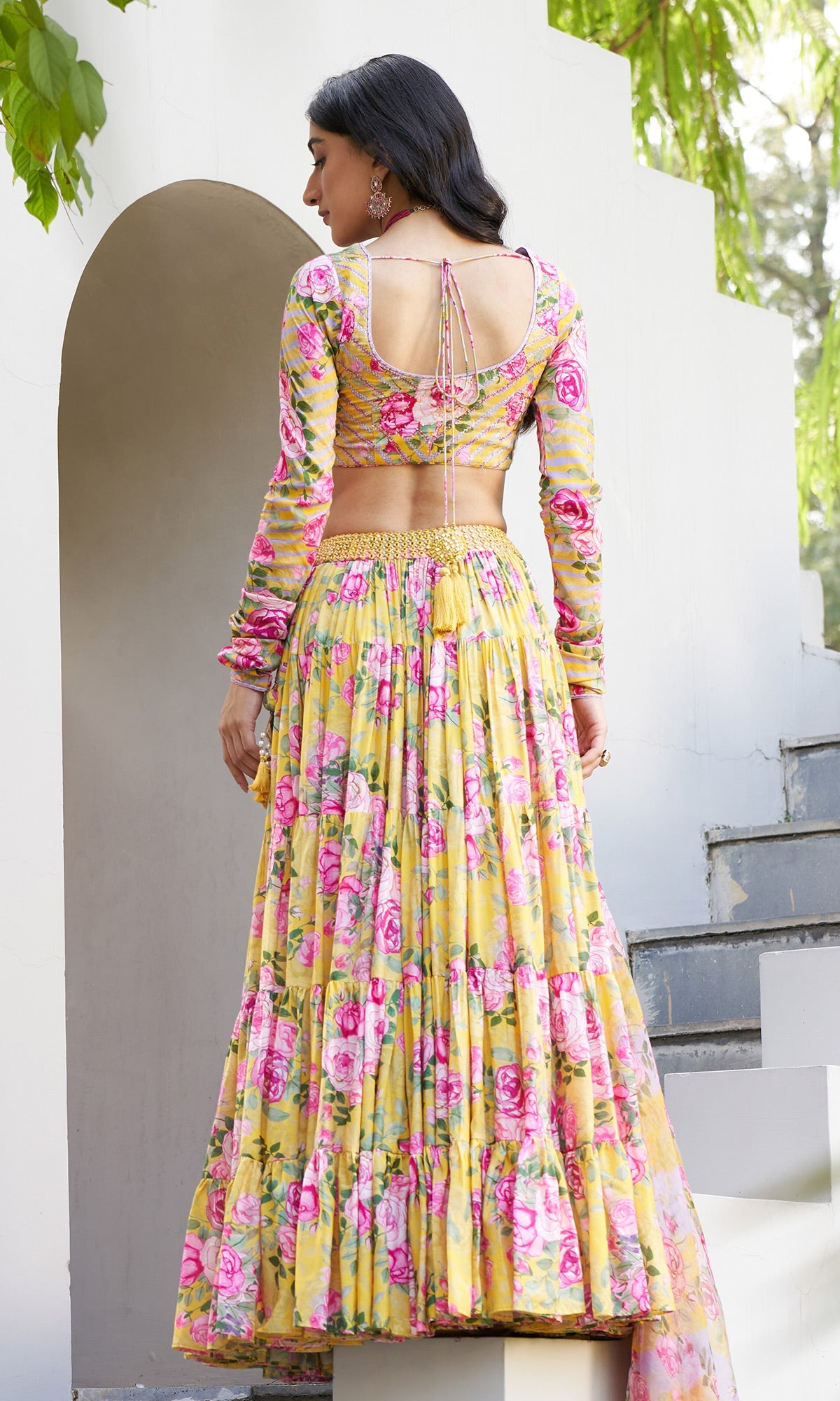 Farzeen - Yellow Floral-leheriya Embroidered Blouse with Lehenga and Dupatta