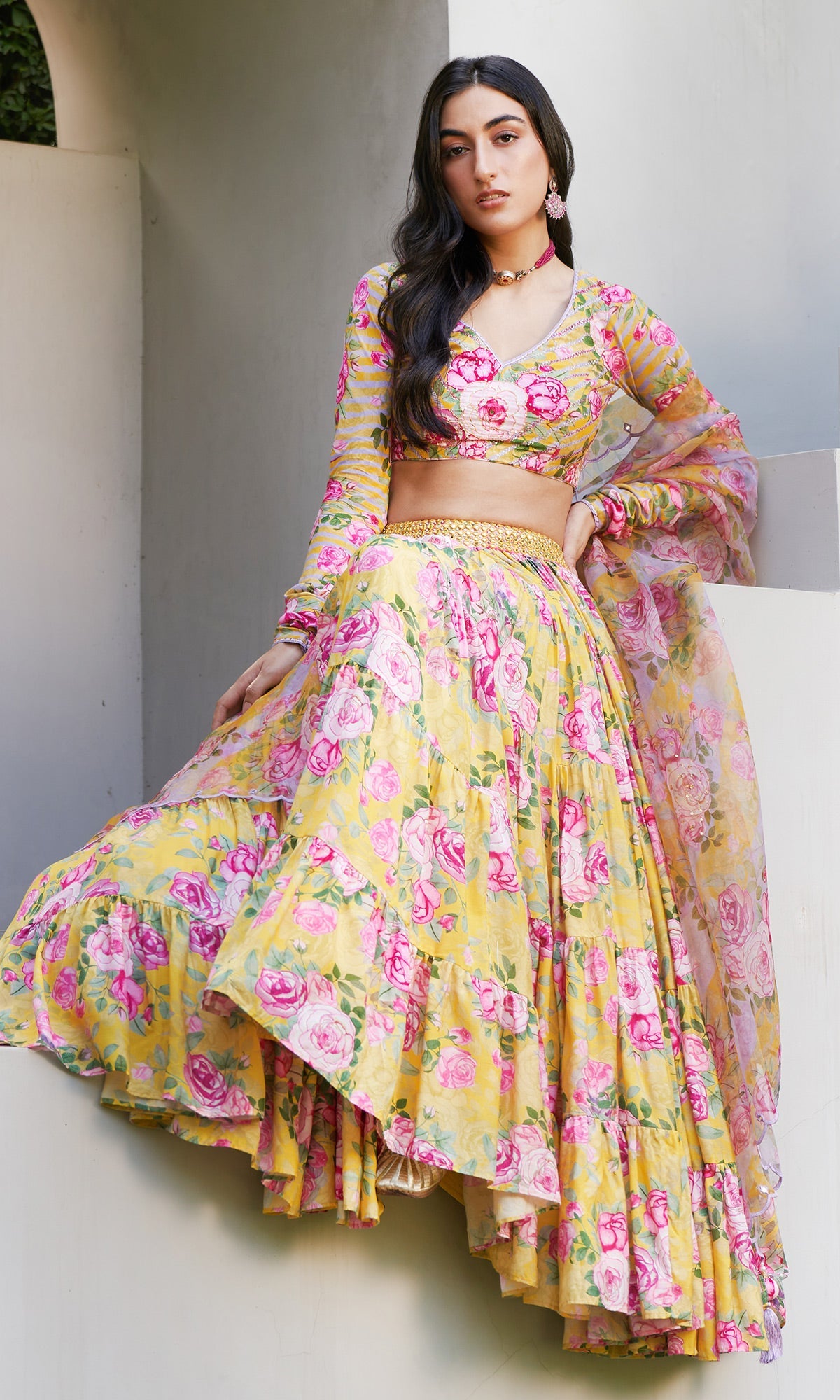 Farzeen - Yellow Floral-leheriya Embroidered Blouse with Lehenga and Dupatta