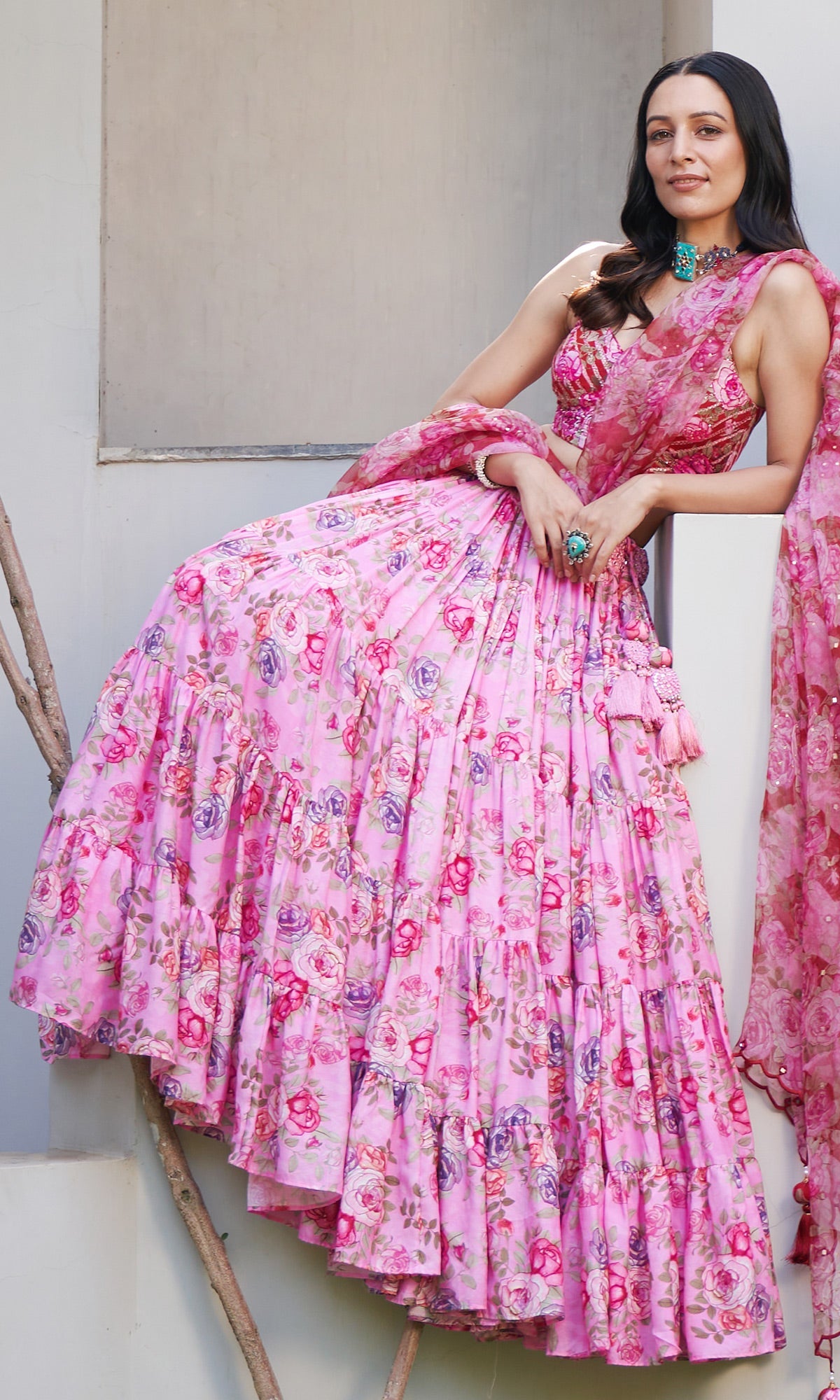 Farzeen - Pink Floral Leheriya bustier with Lehenga and Floral leheriya dupatta - Set of 3