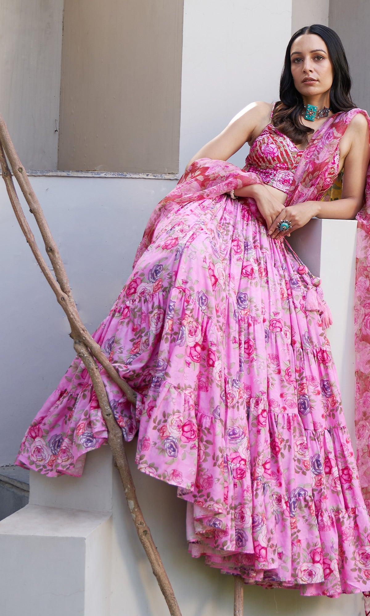 Farzeen - Pink Floral Leheriya bustier with Lehenga and Floral leheriya dupatta - Set of 3