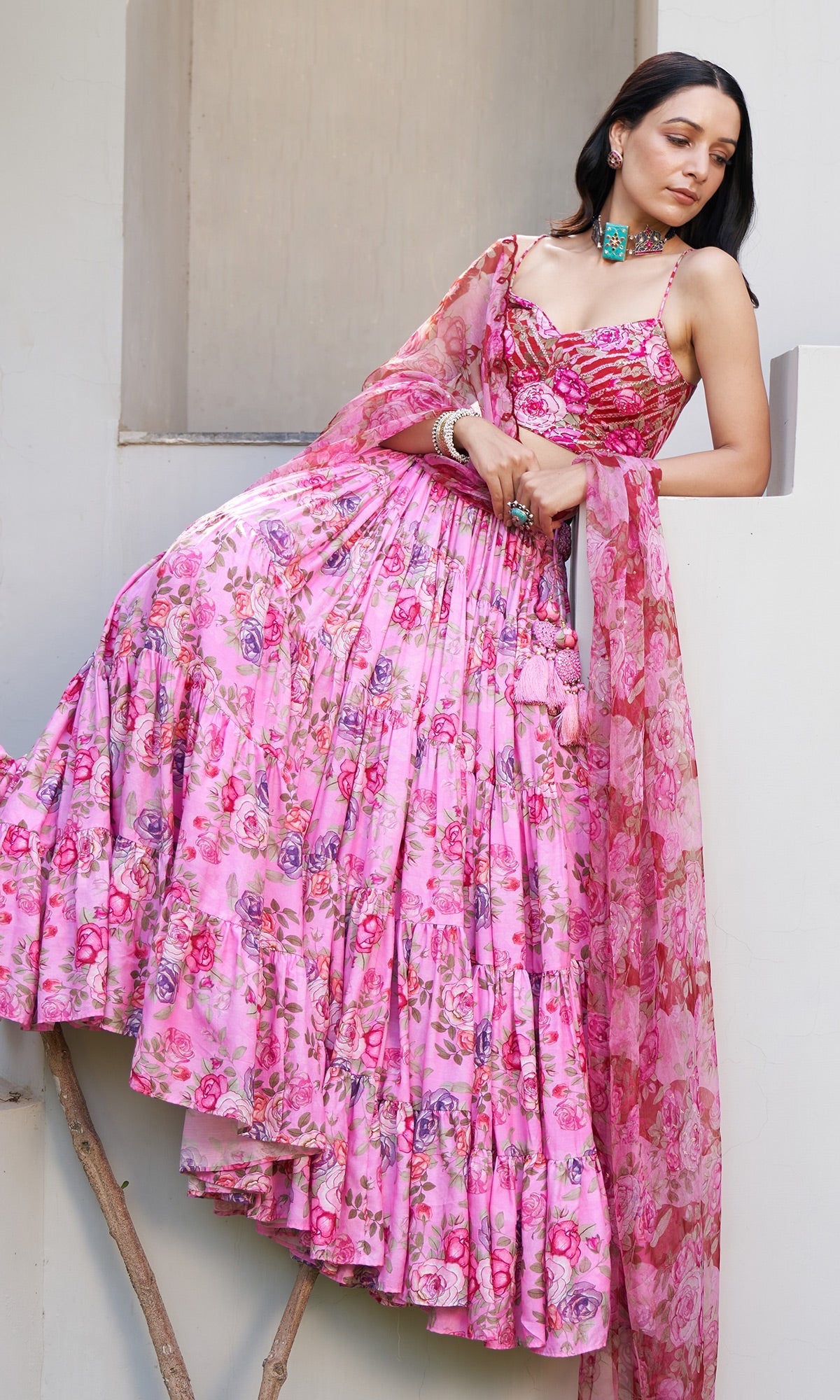 Farzeen - Pink Floral Leheriya bustier with Lehenga and Floral leheriya dupatta - Set of 3