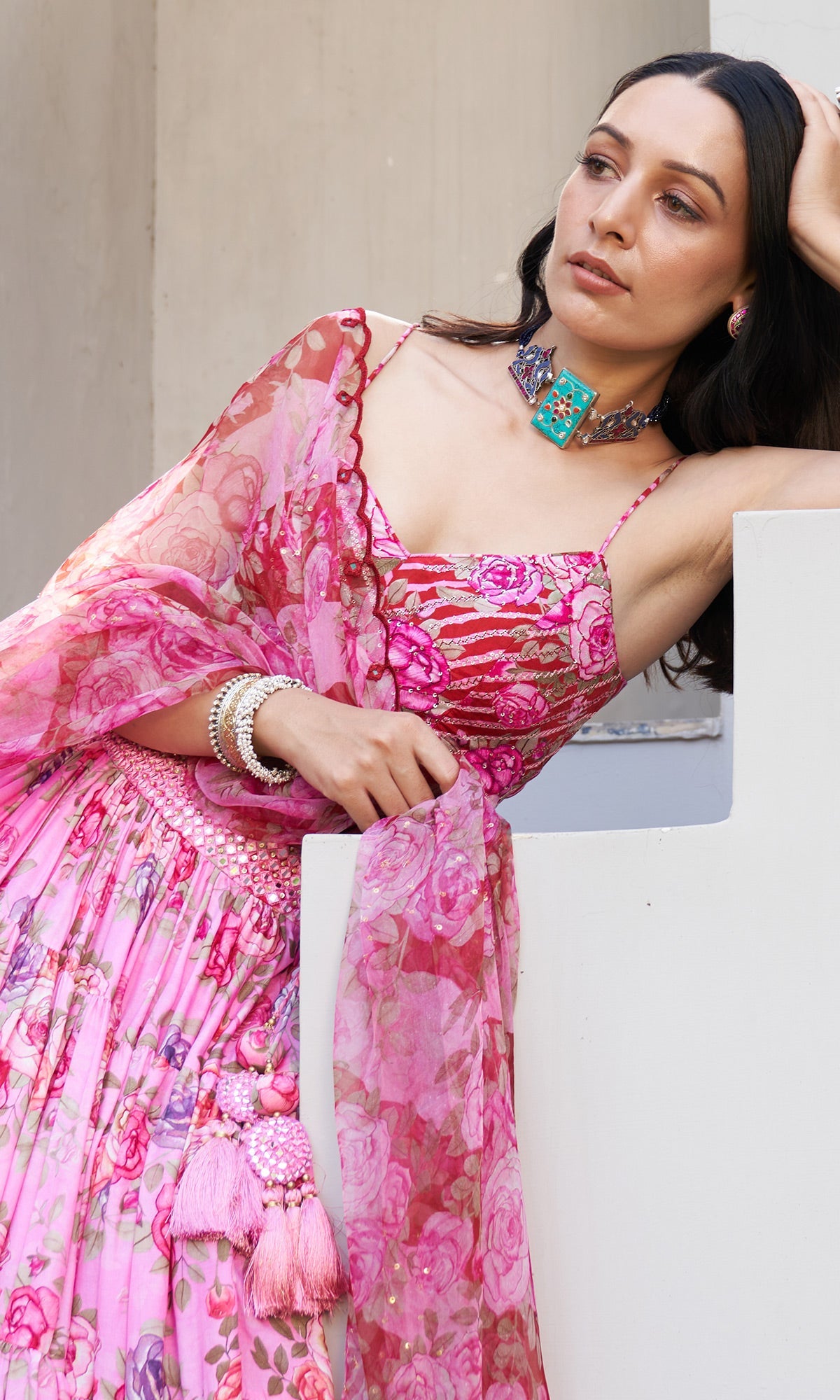 Farzeen - Pink Floral Leheriya bustier with Lehenga and Floral leheriya dupatta - Set of 3