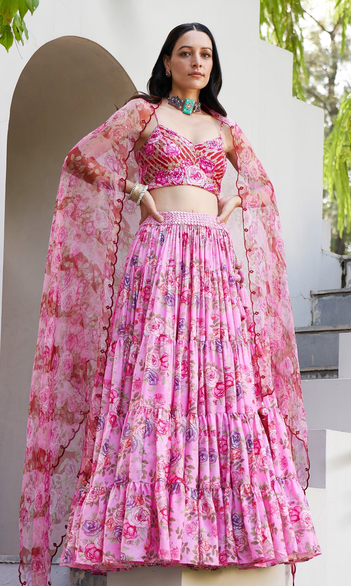 Farzeen - Pink Floral Leheriya bustier with Lehenga and Floral leheriya dupatta - Set of 3