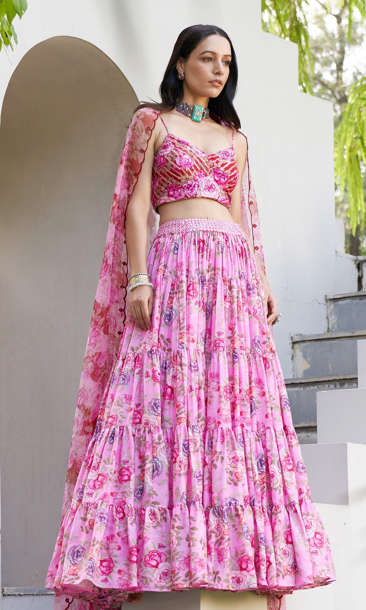 Farzeen - Pink Floral Leheriya bustier with Lehenga and Floral leheriya dupatta - Set of 3