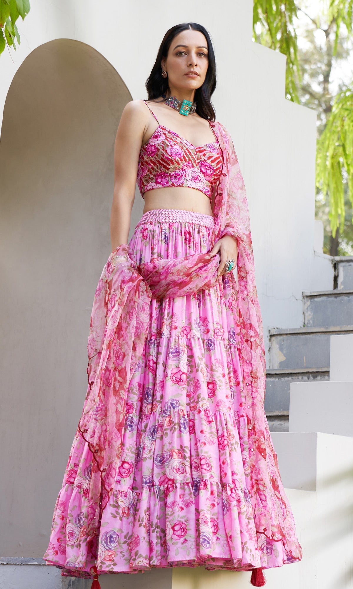 Farzeen - Pink Floral Leheriya bustier with Lehenga and Floral leheriya dupatta - Set of 3
