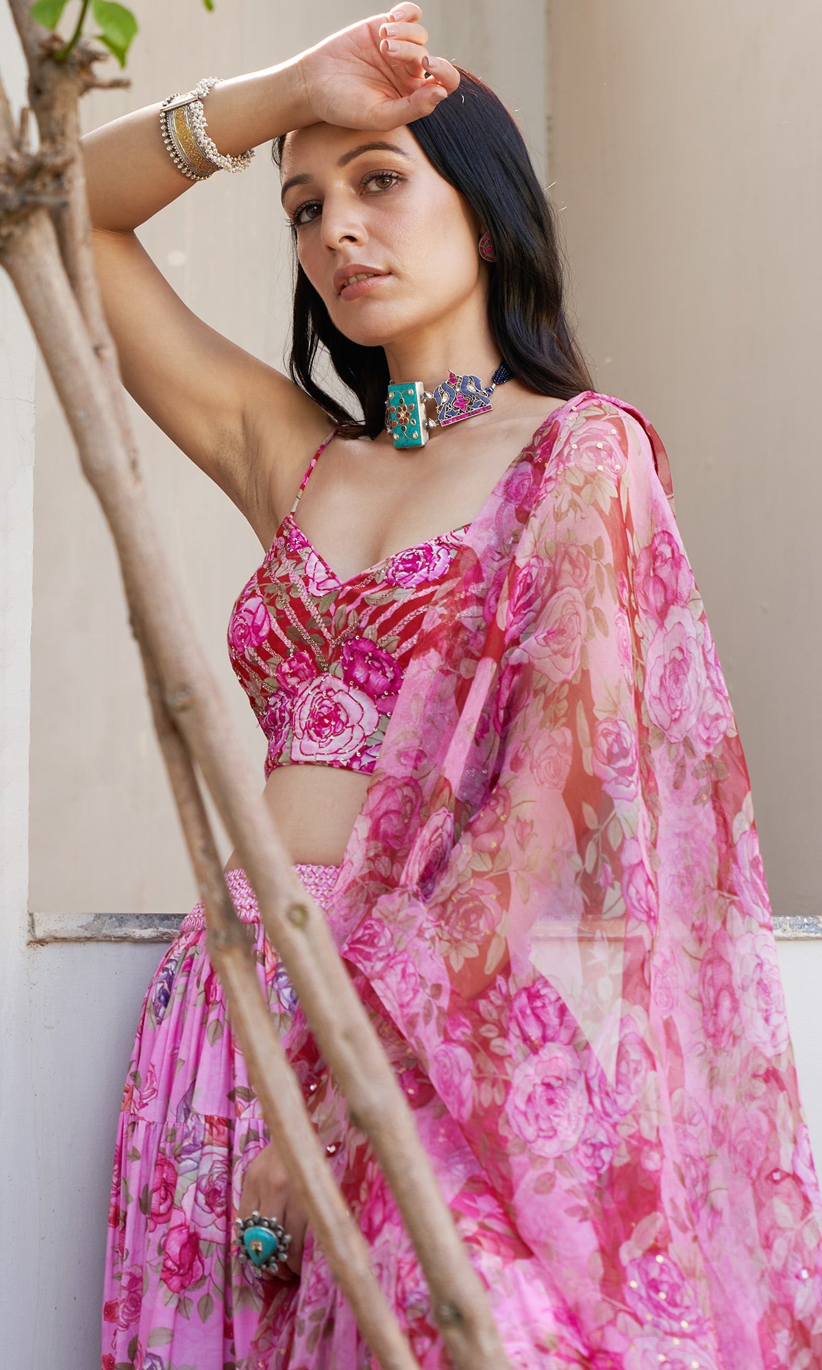 Farzeen - Pink Floral Leheriya bustier with Lehenga and Floral leheriya dupatta - Set of 3
