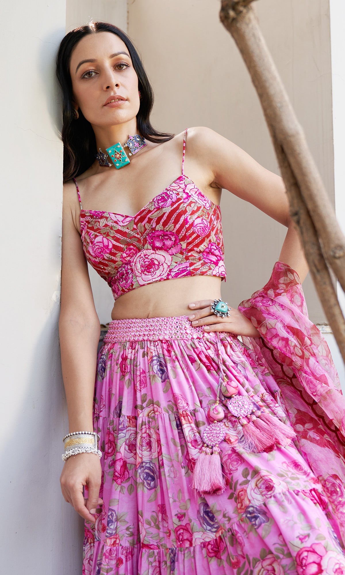 Farzeen - Pink Floral Leheriya bustier with Lehenga and Floral leheriya dupatta - Set of 3