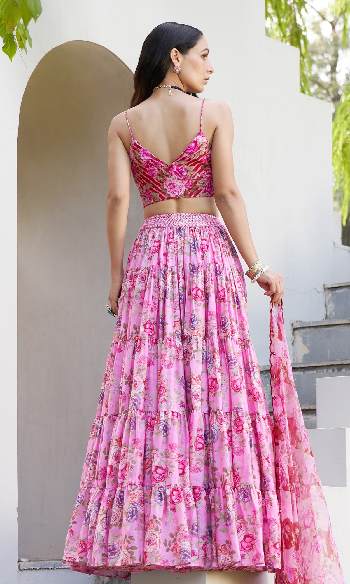 Farzeen - Pink Floral Leheriya bustier with Lehenga and Floral leheriya dupatta - Set of 3