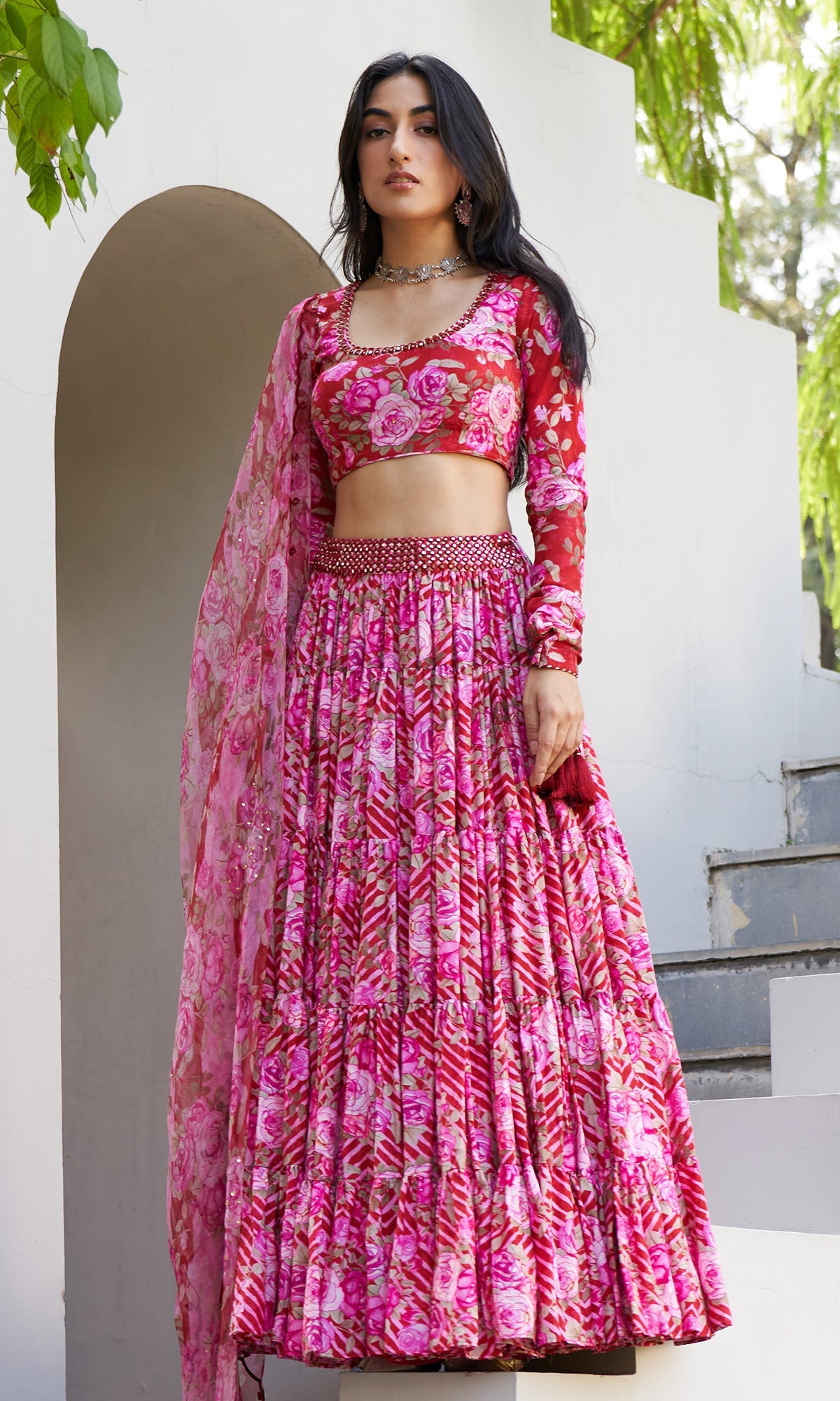 Farzeen - Red Leheriya-Floral Embroidered Tiered Lehenga with blouse and dupatta